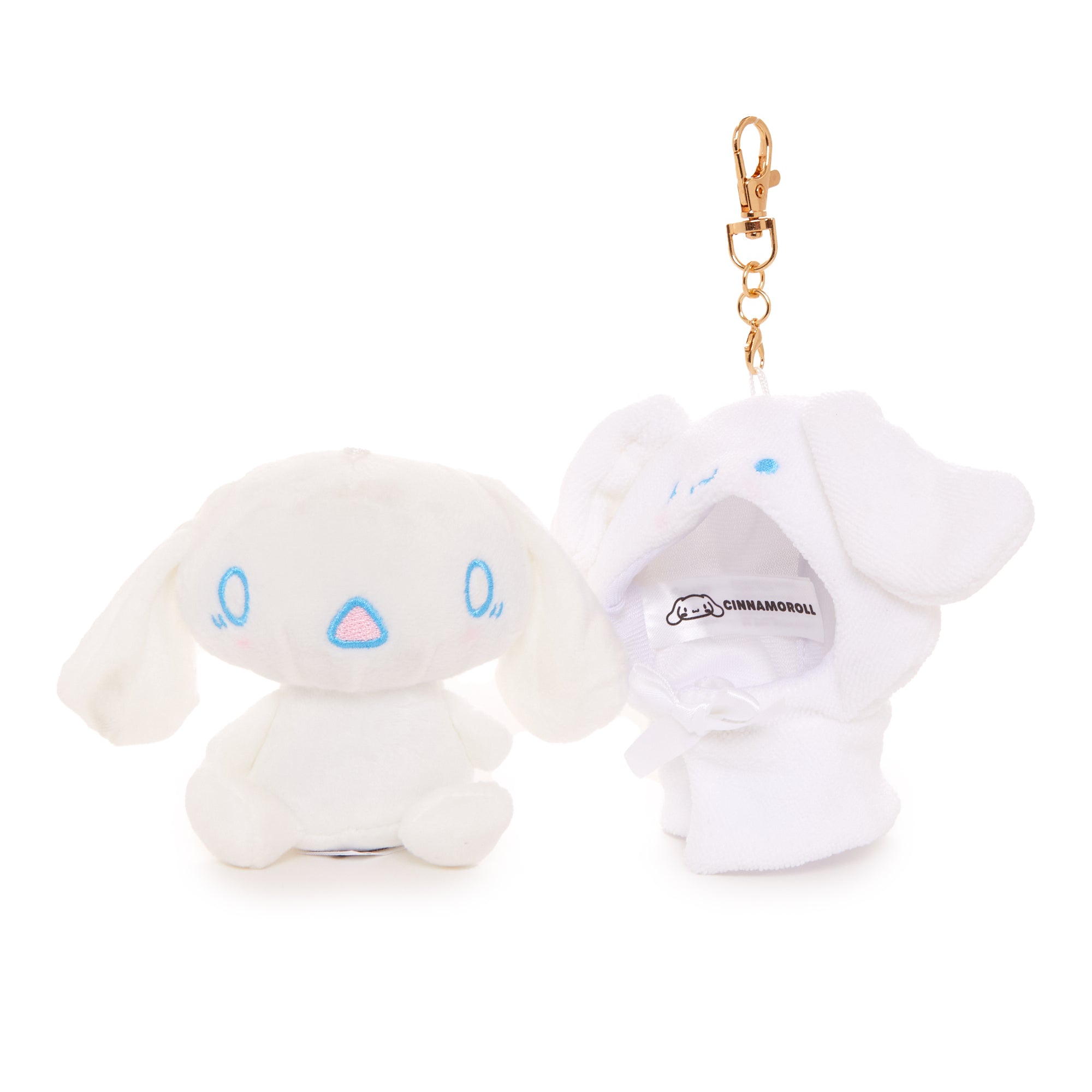 Front view of the Cinnamoroll plush keychain showing detailed embroidery and appliqué