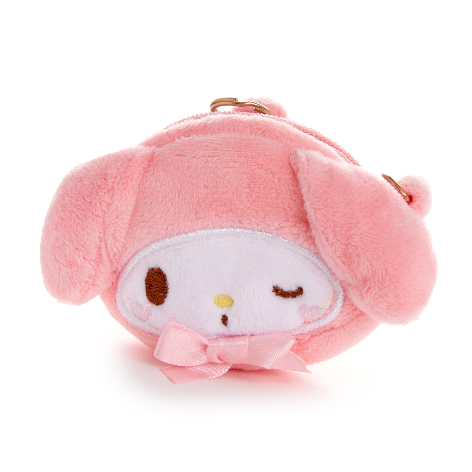 Close-up of the My Melody plush coin purse showing embroidered details and zipper closure