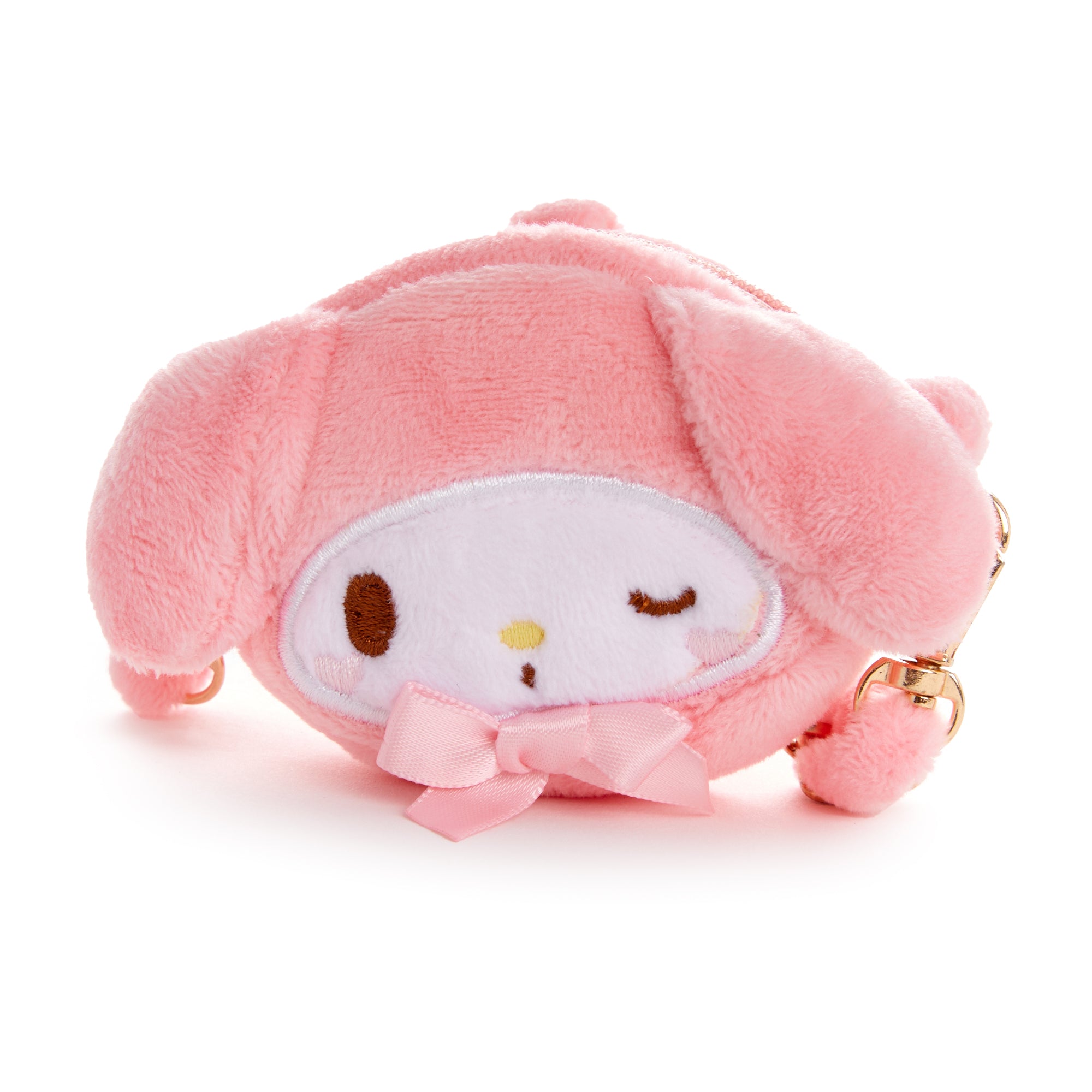 Close-up of the My Melody plush coin purse showing embroidered details and zipper closure