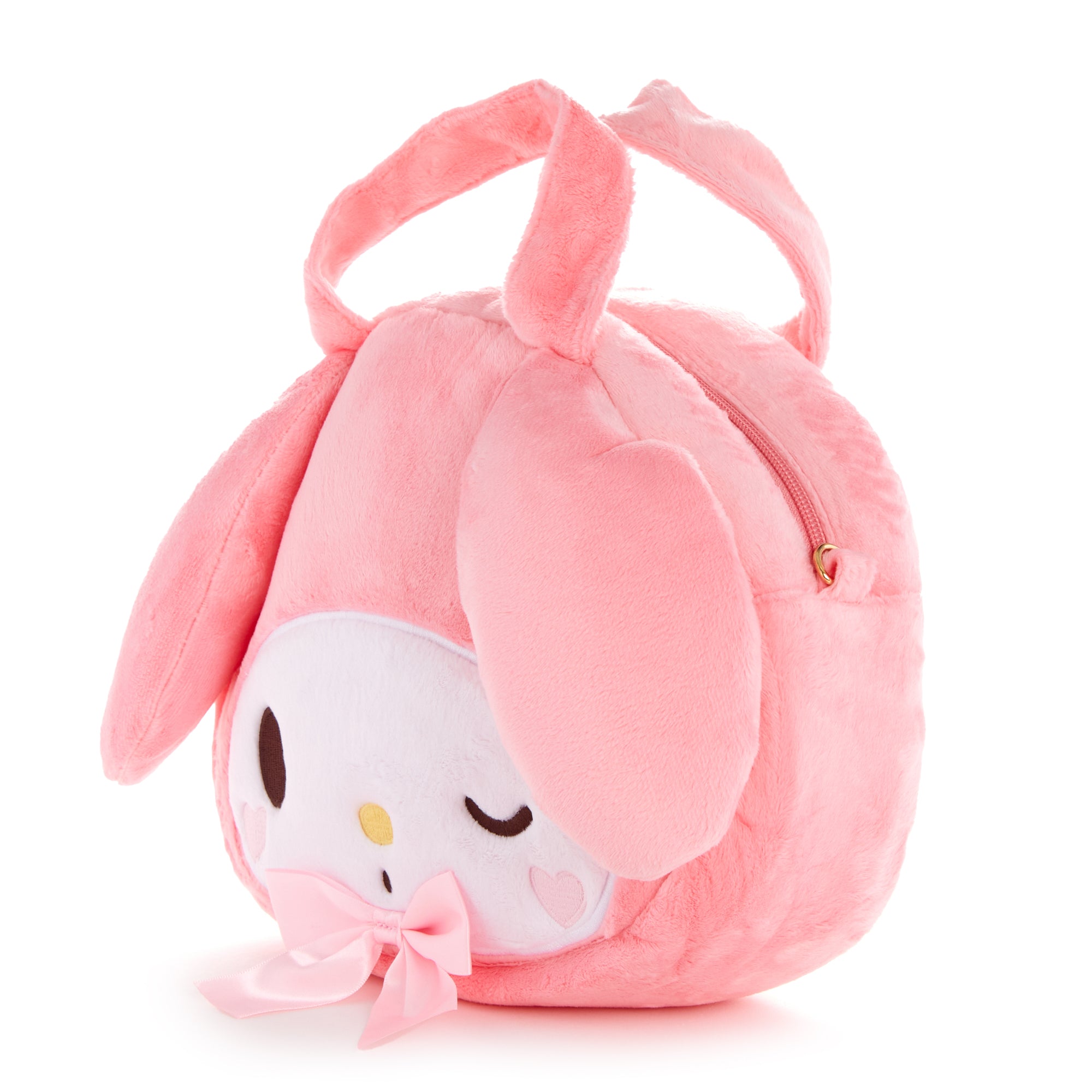 Close-up of My Melodys embroidered face on the plush crossbody bag