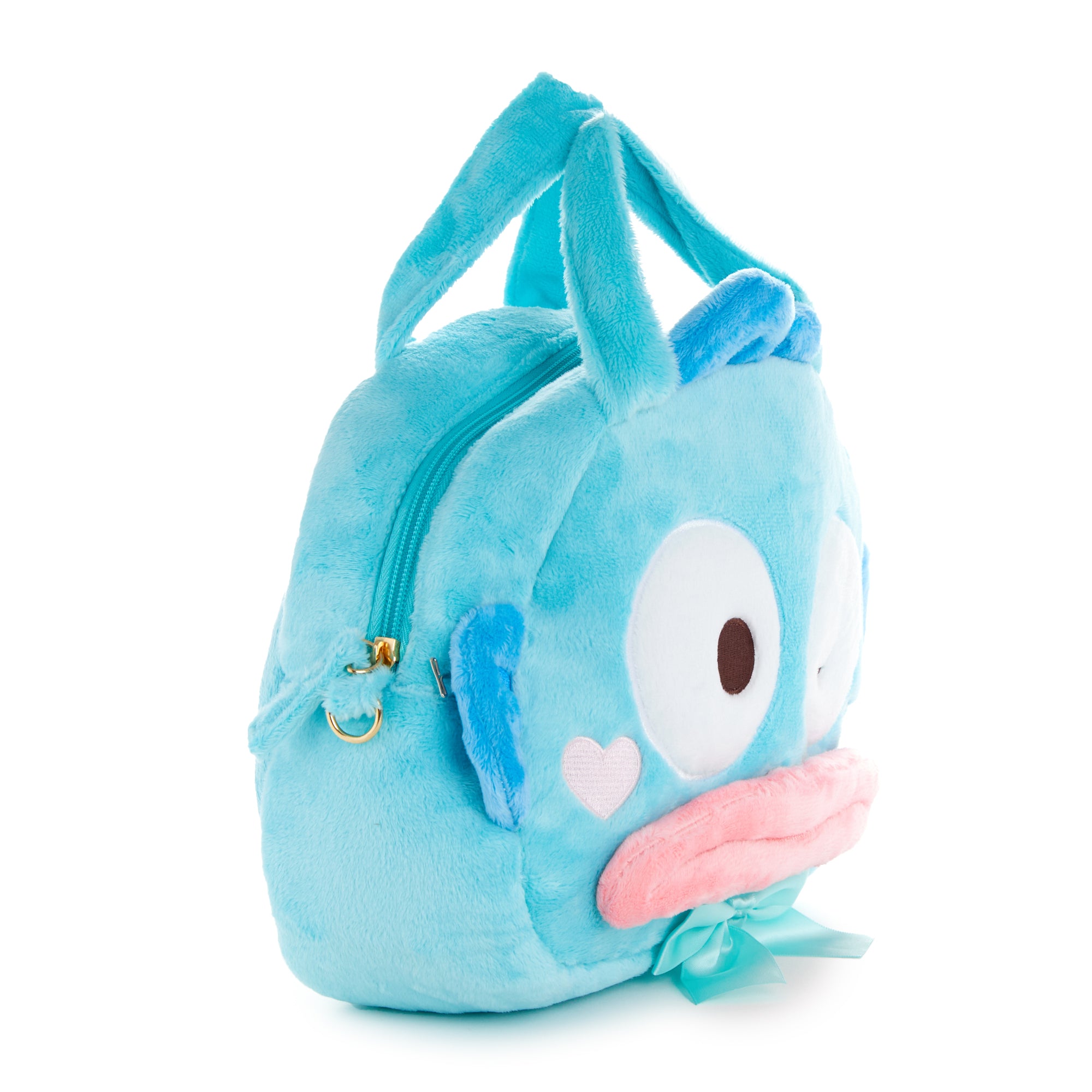 Front view of Hangyodon plush crossbody bag with wink detail and ruffled strap