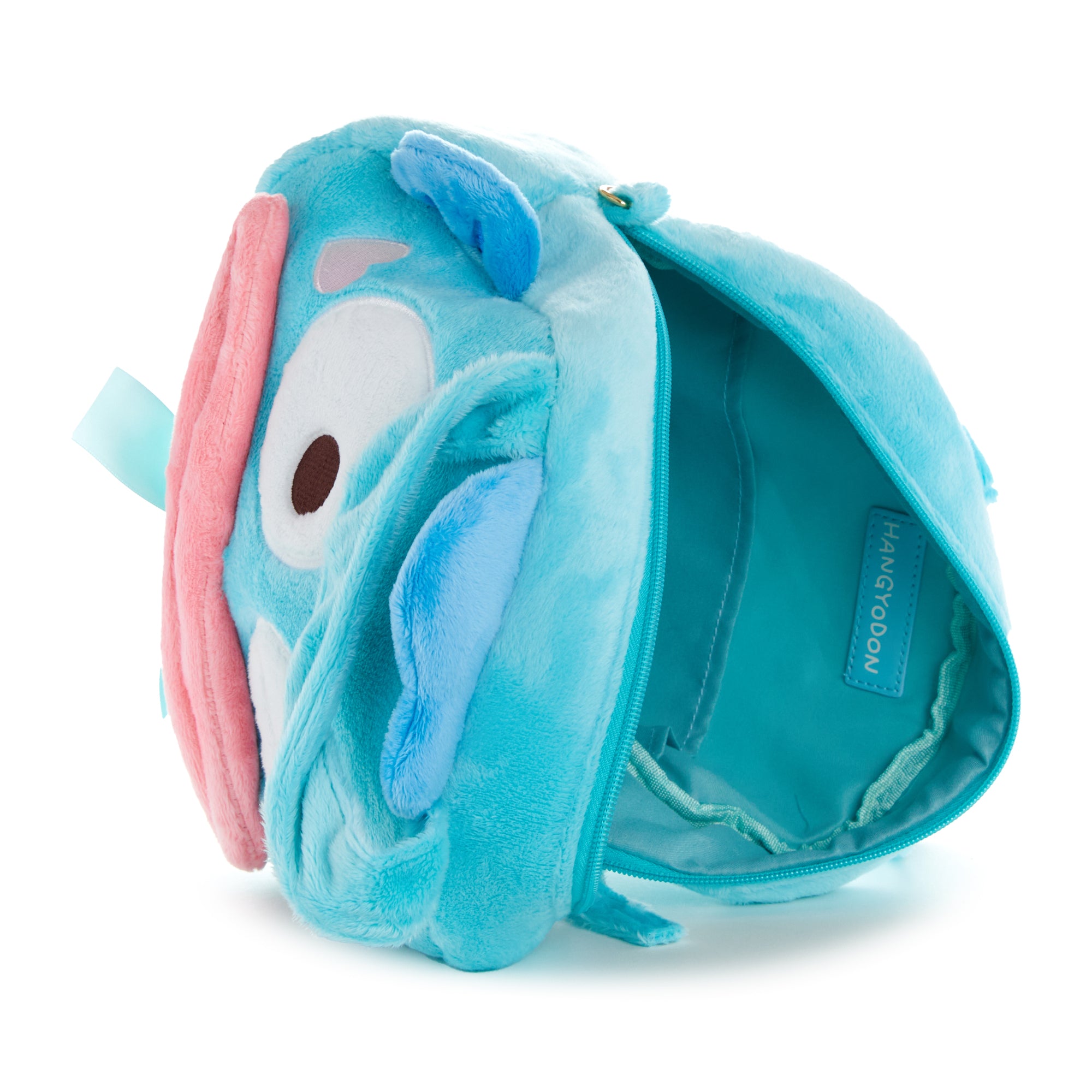 Front view of Hangyodon plush crossbody bag with wink detail and ruffled strap