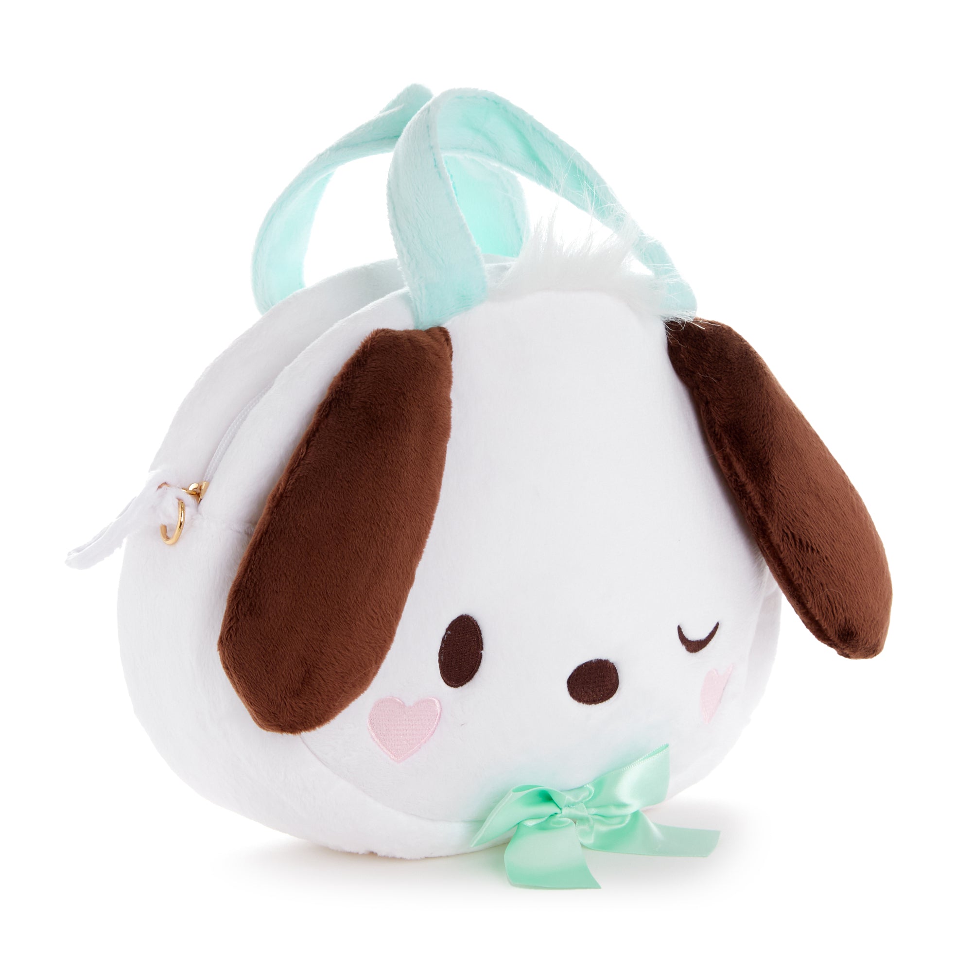 Front view of plush bags with Pochacco character and ruffled strap