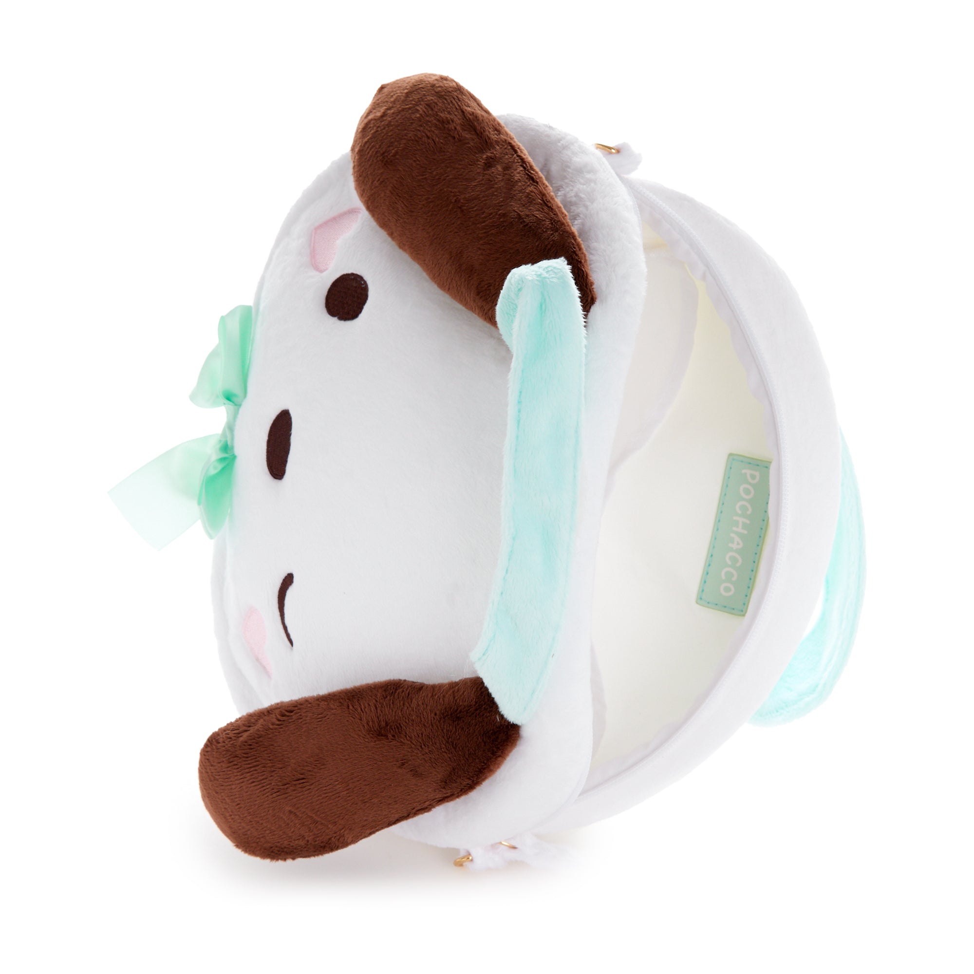 Front view of plush bags with Pochacco character and ruffled strap