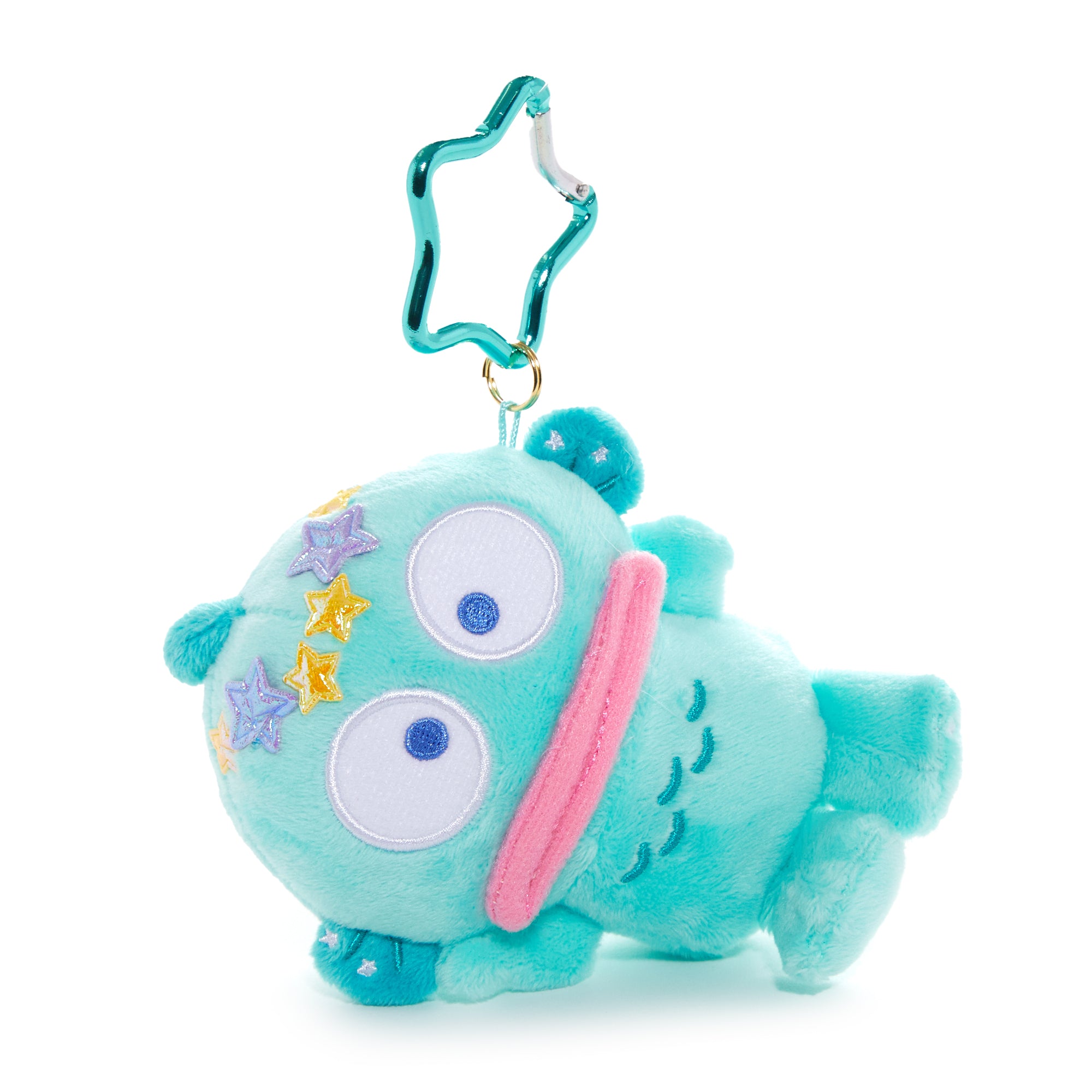 Hangyodon plush keychain posed with star carabiner against blue background