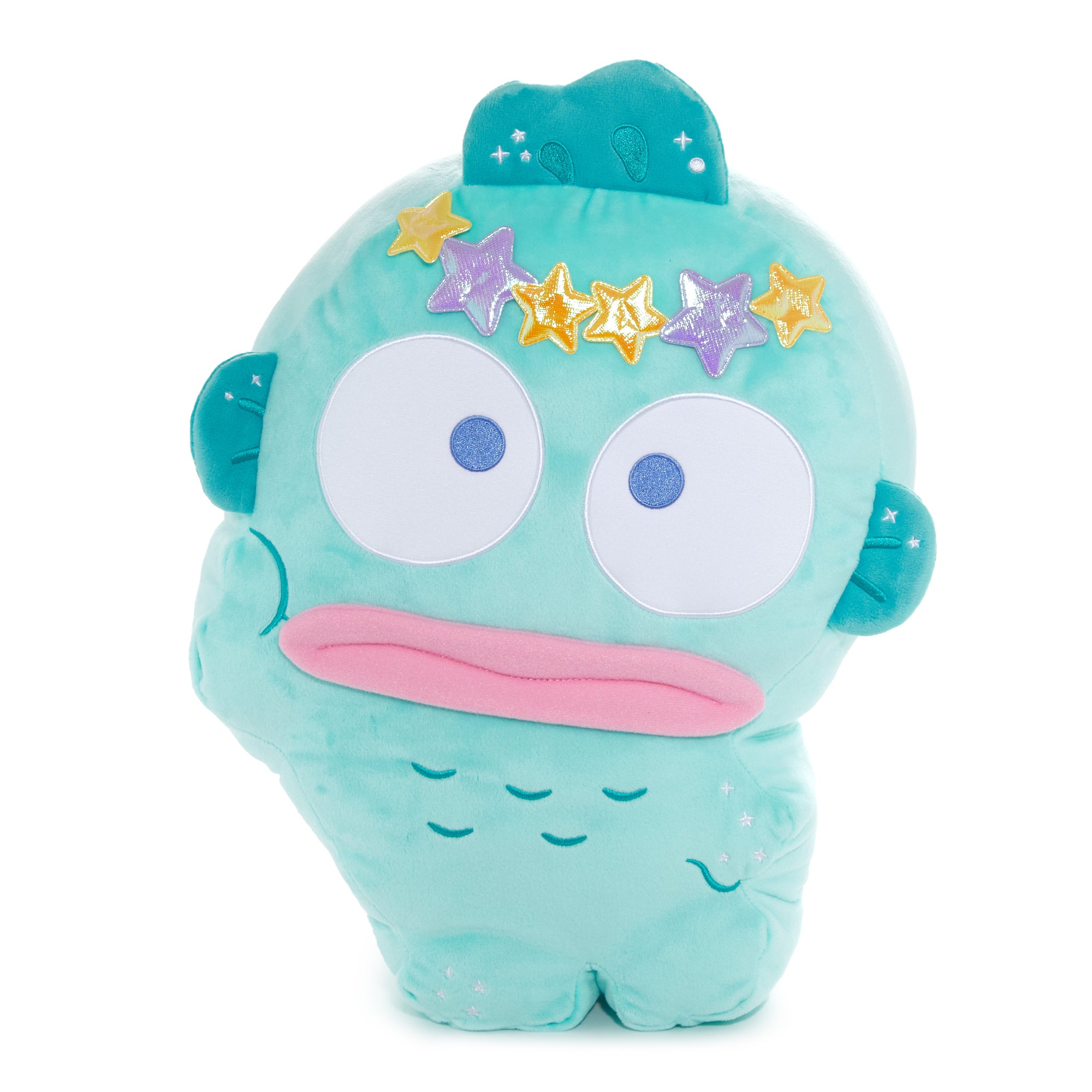Front view of Hangyodon throw pillow with star design, soft plush fabric, and detailed embroidery