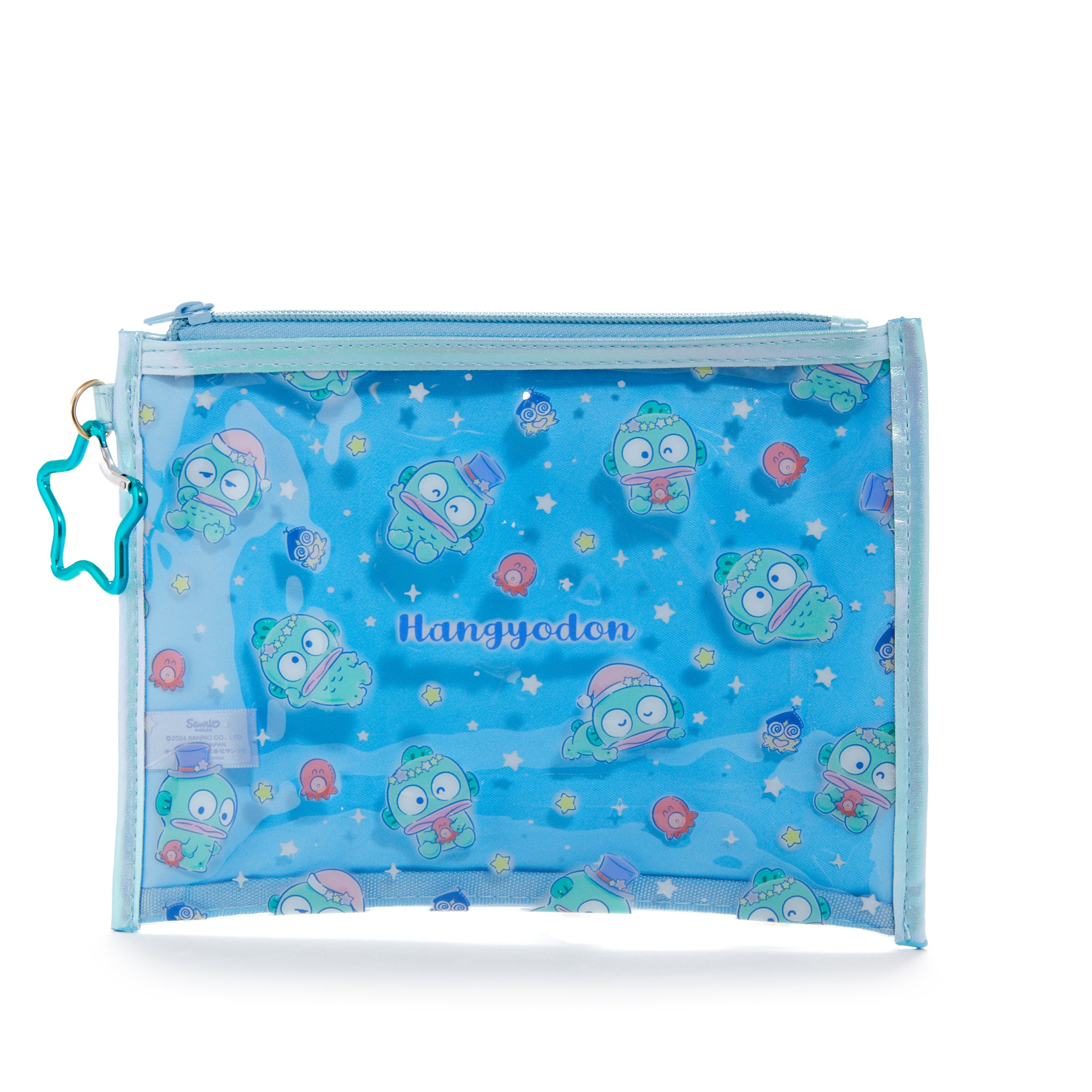 Close-up of the Hangyodon Mysterious Star zipper pouch, highlighting the intricate design and shimmering carabiner.