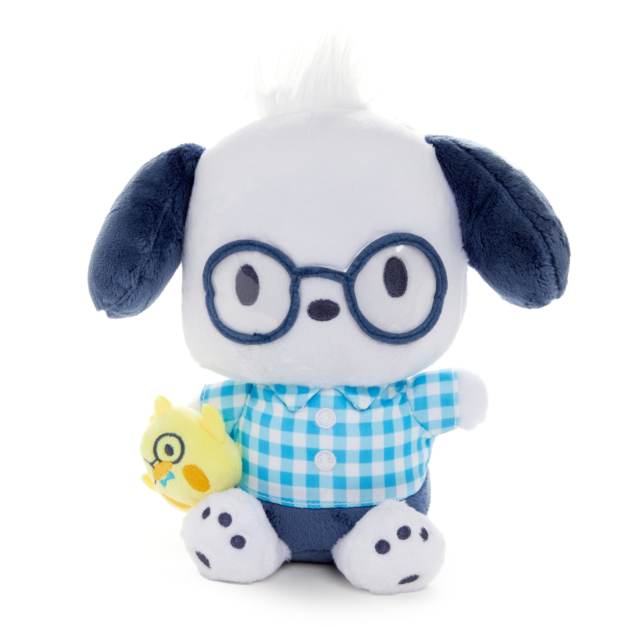 Front view of Pochacco plush wearing gingham shirt and round glasses