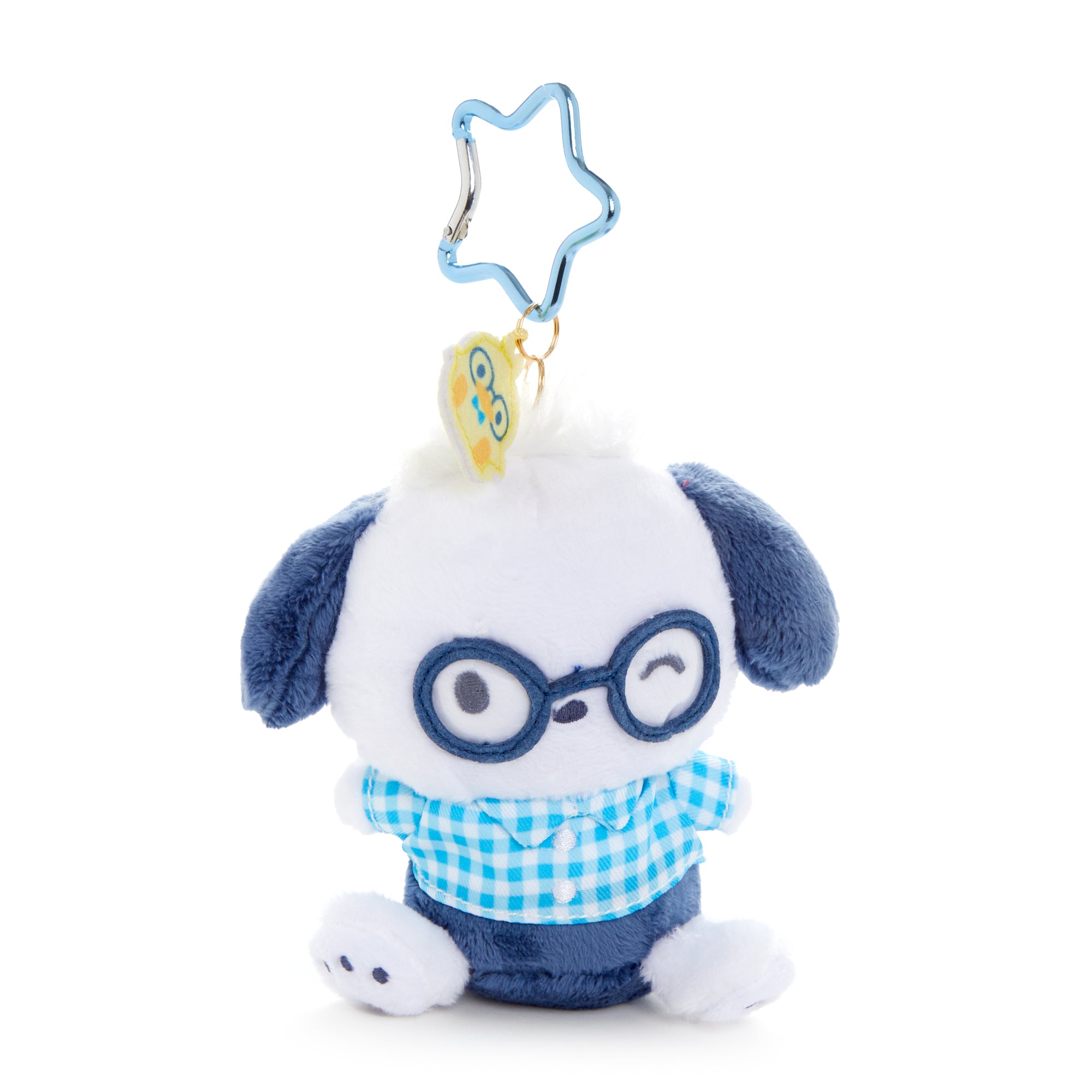 Pochacco character keychain hanging from a backpack zipper