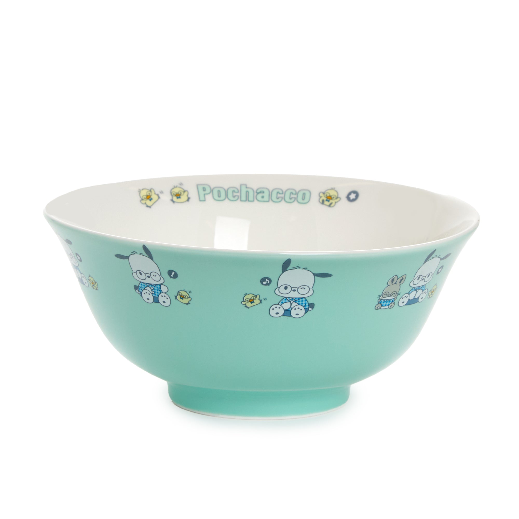 Pochacco ceramic bowl filled with fresh strawberries on a kitchen counter