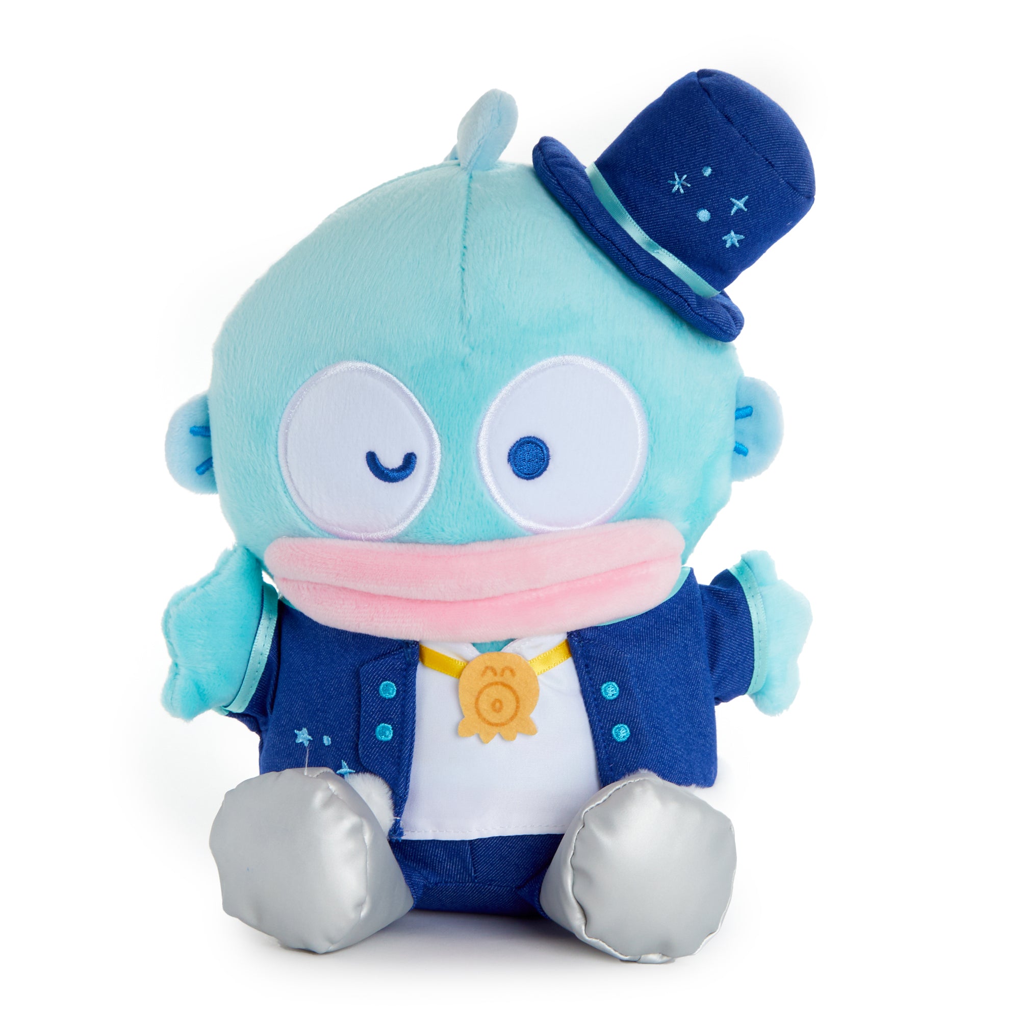 A front-facing view of Hangyodon plush in detailed boy band outfit