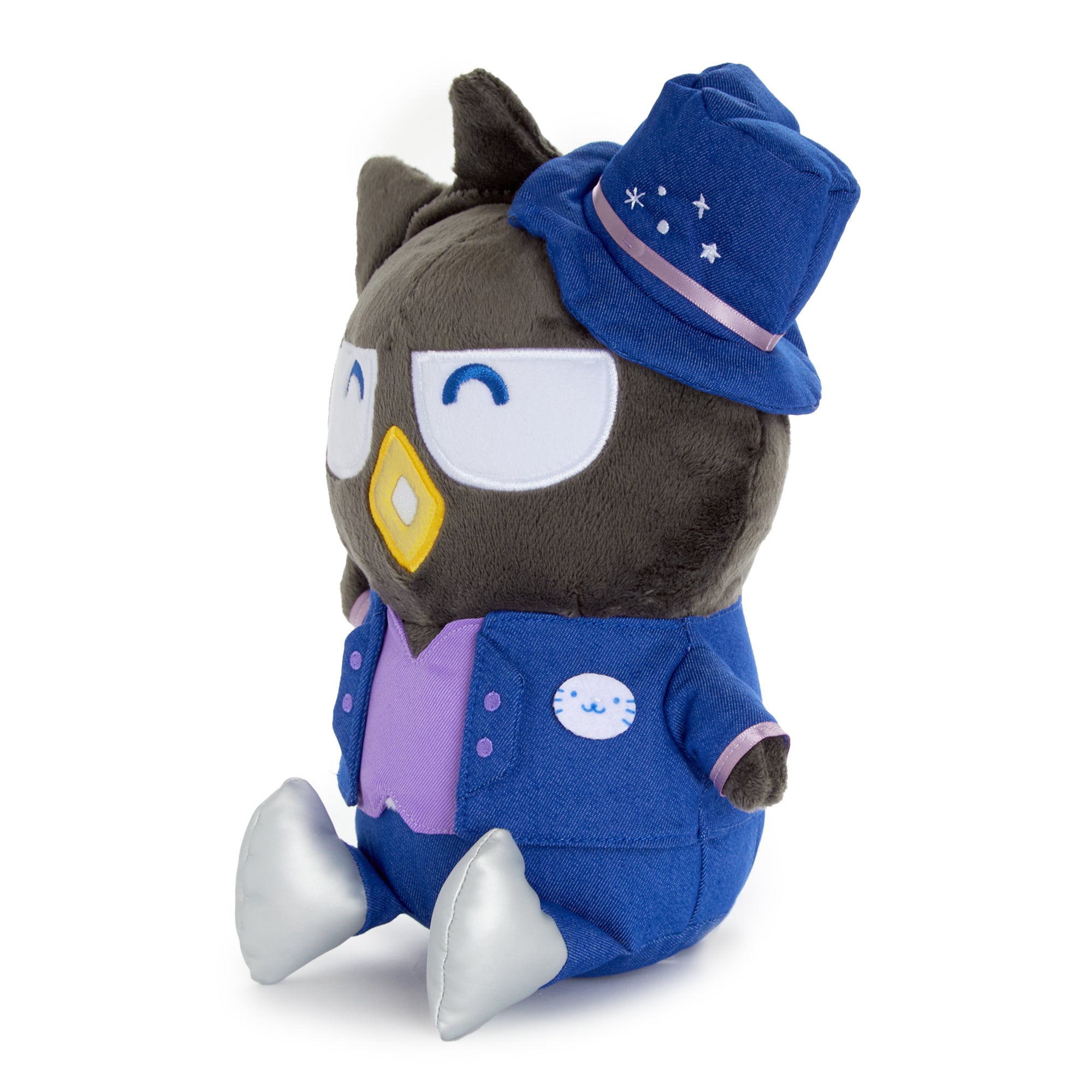 Badtz-Maru plush toy displayed on a shelf with other Sanrio plush characters, ideal for collectors.