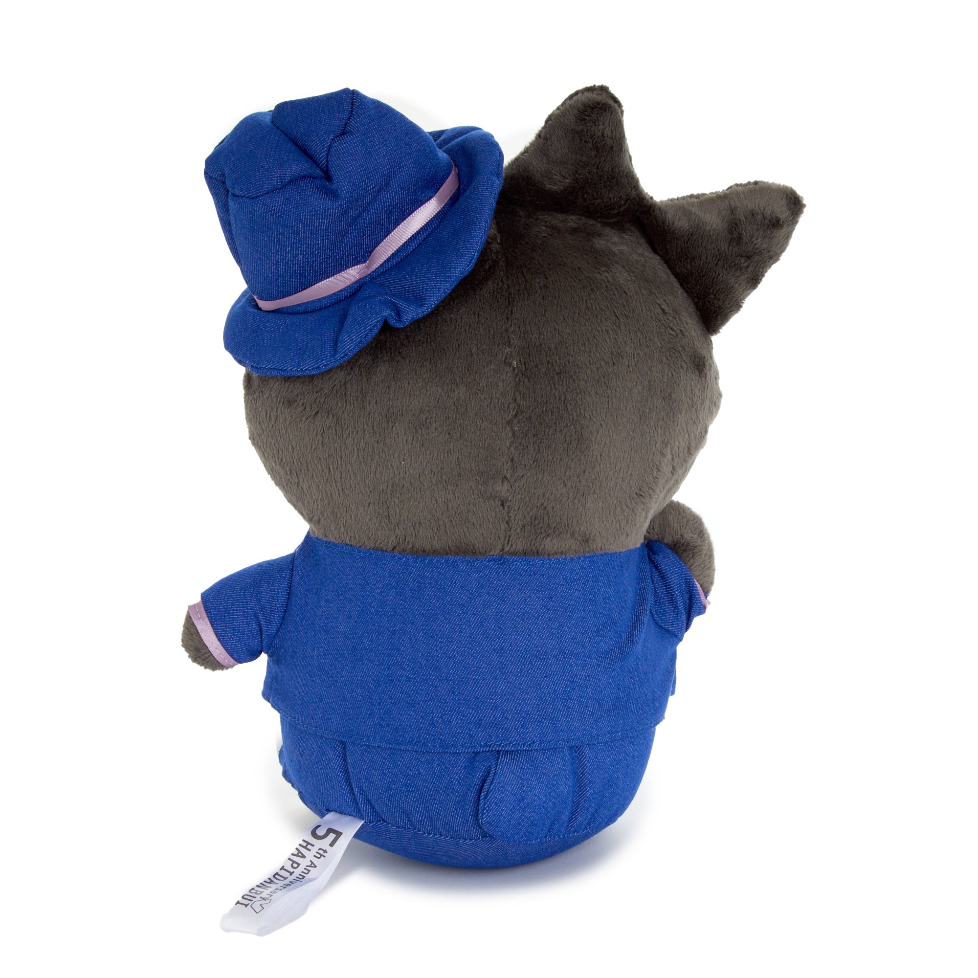 Front view of Badtz-Maru plush toy in Hapidanbui outfit, seated with embroidered details.