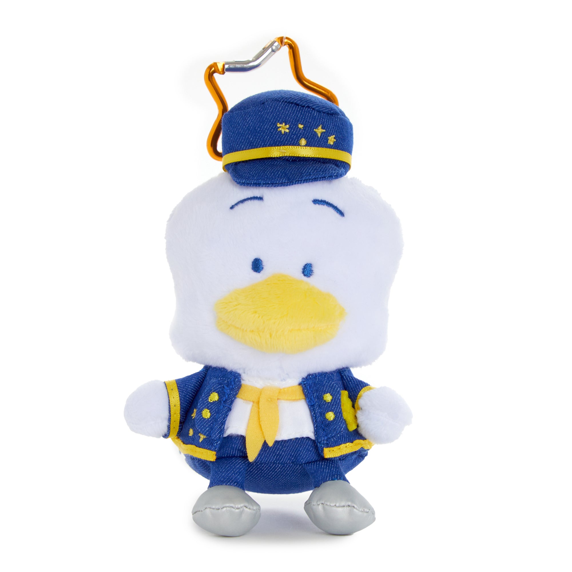 Front view of Pekkle plush keychain with embroidered details and matching outfit