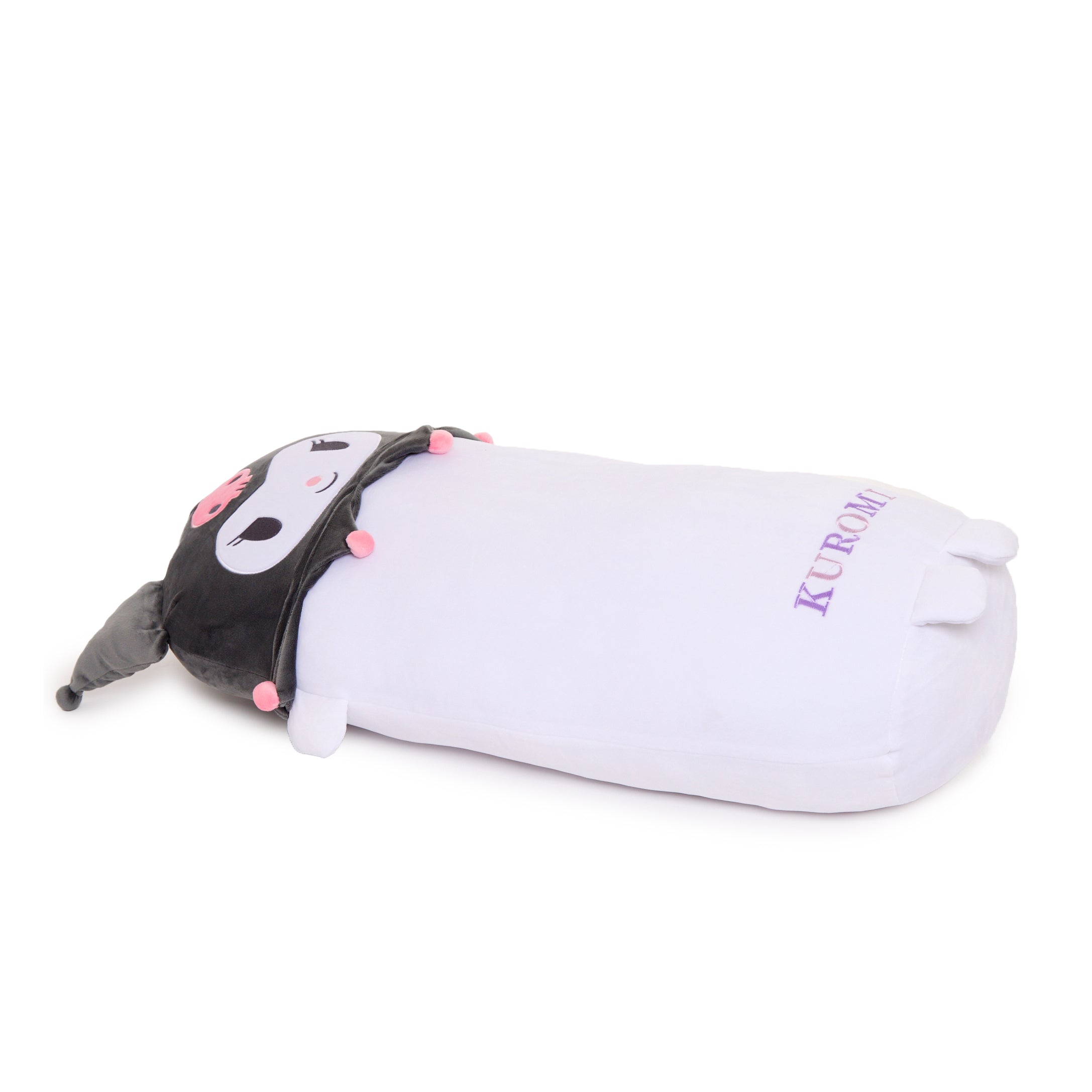 Close-up of embroidered Kuromi design on bolster pillow