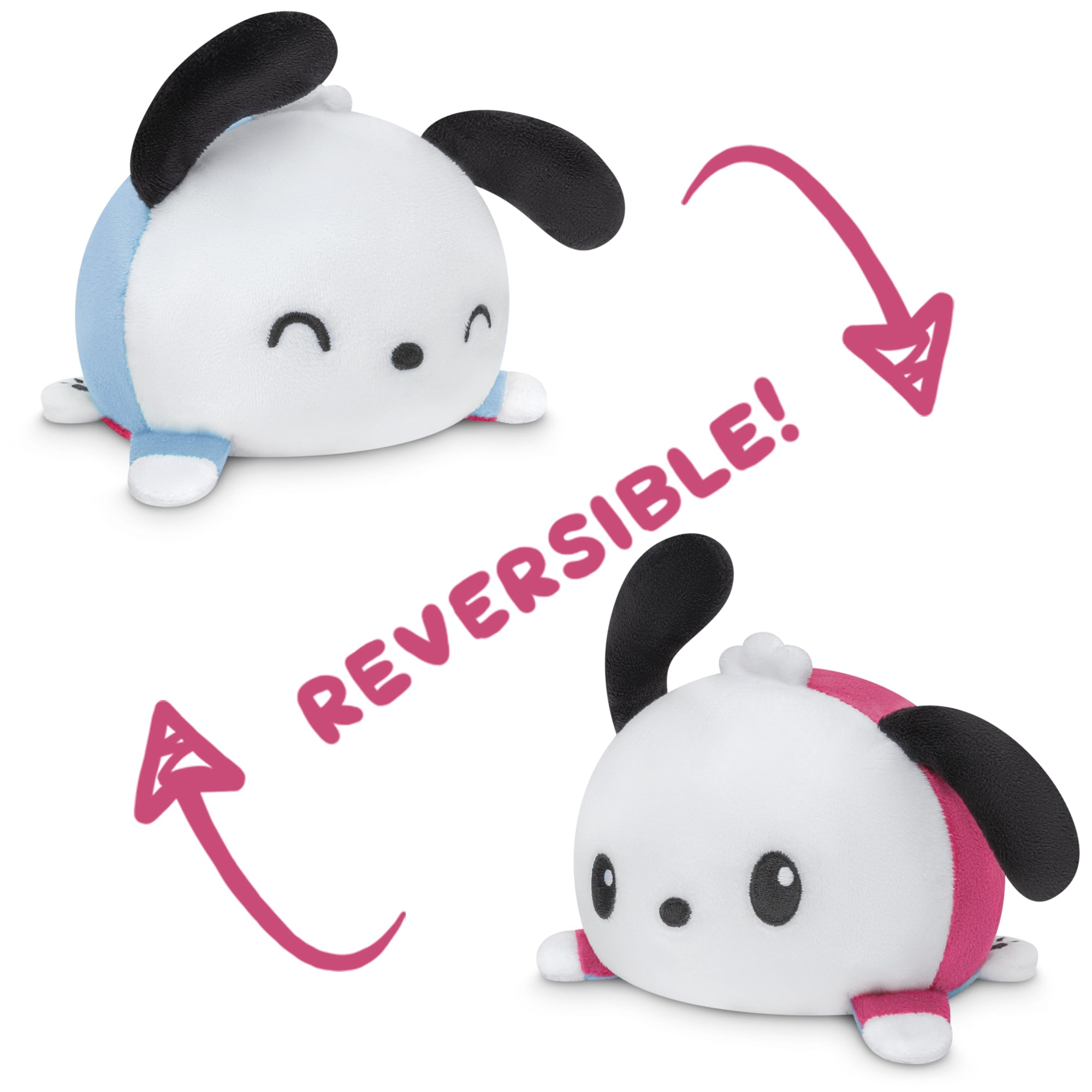 Side view displaying the reversible feature of the Pochacco plush.