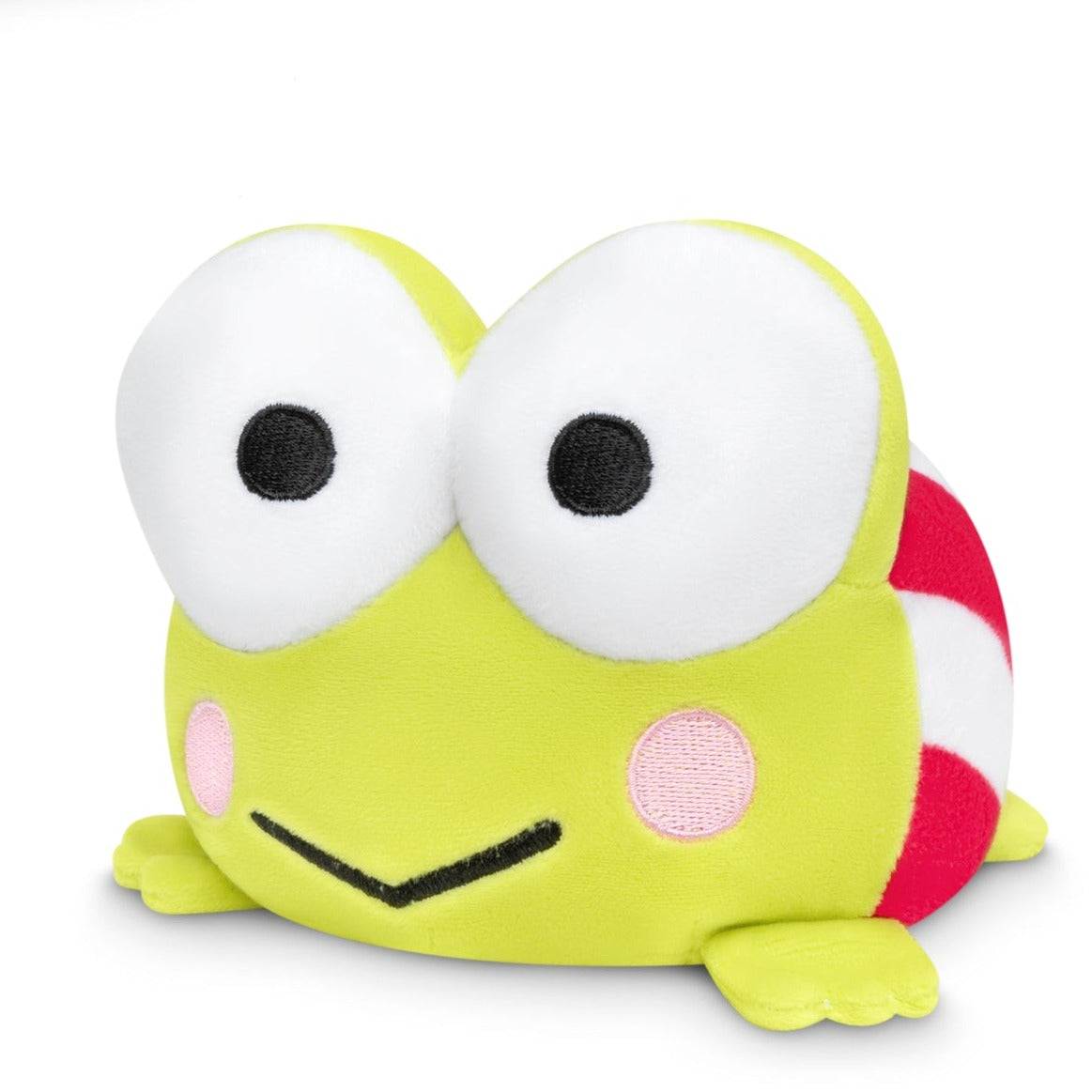 Keroppi reversible plush smiling face close-up on a wooden shelf