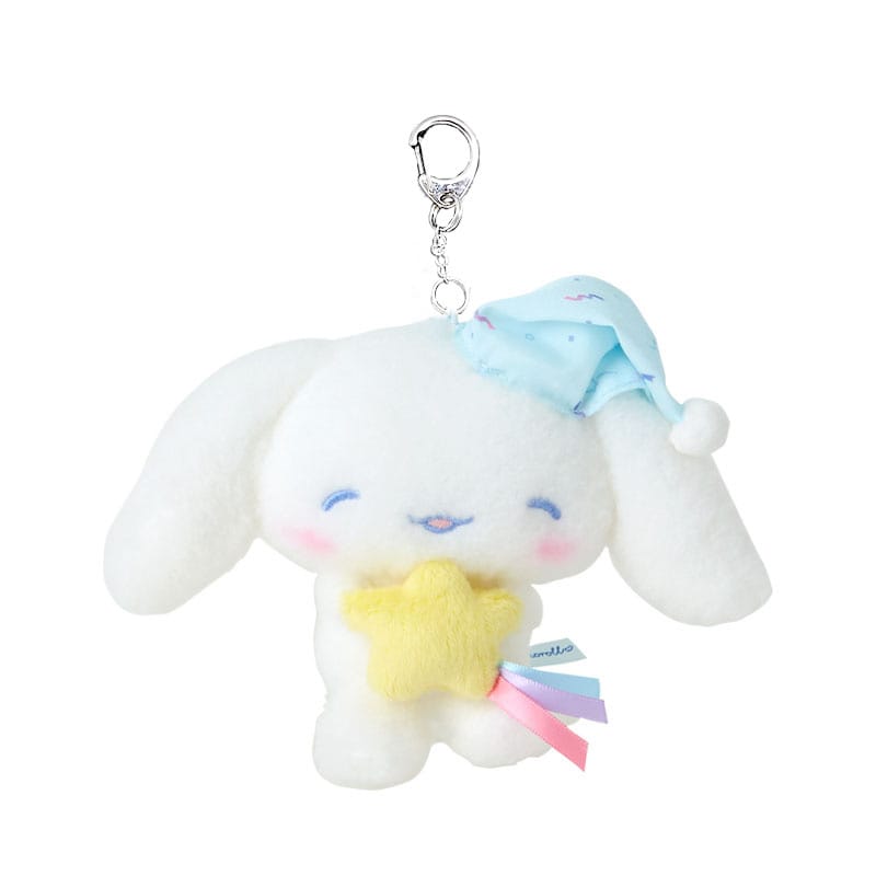 Cinnamoroll plush keychain with sleepy eyes and blue accents.