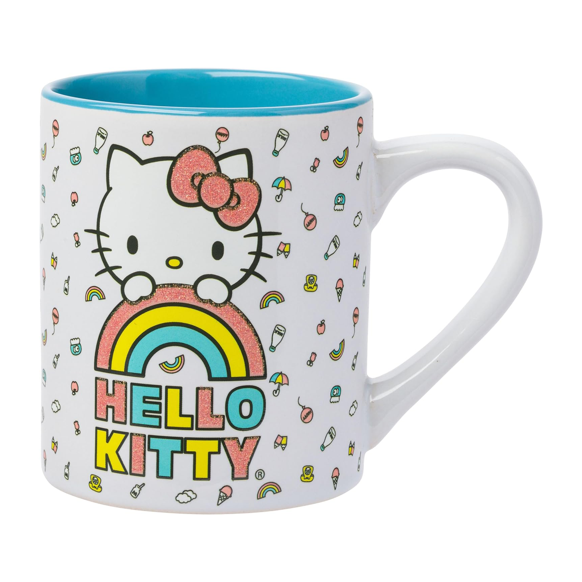 Side view of Hello Kitty ceramic coffee mug with glitter bow and rainbow design.