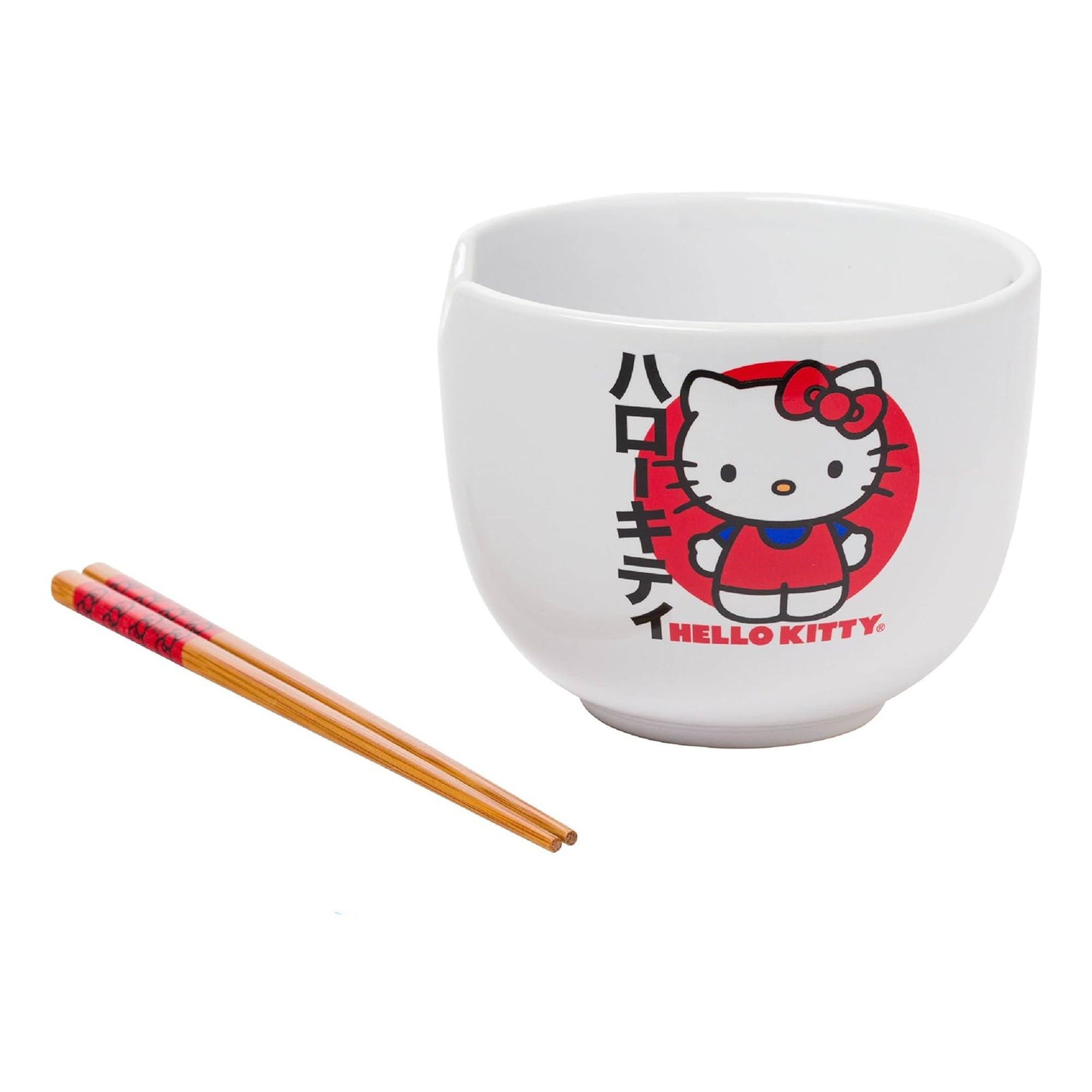 Front view of Hello Kitty ceramic ramen bowl, ideal for Japanese noodles