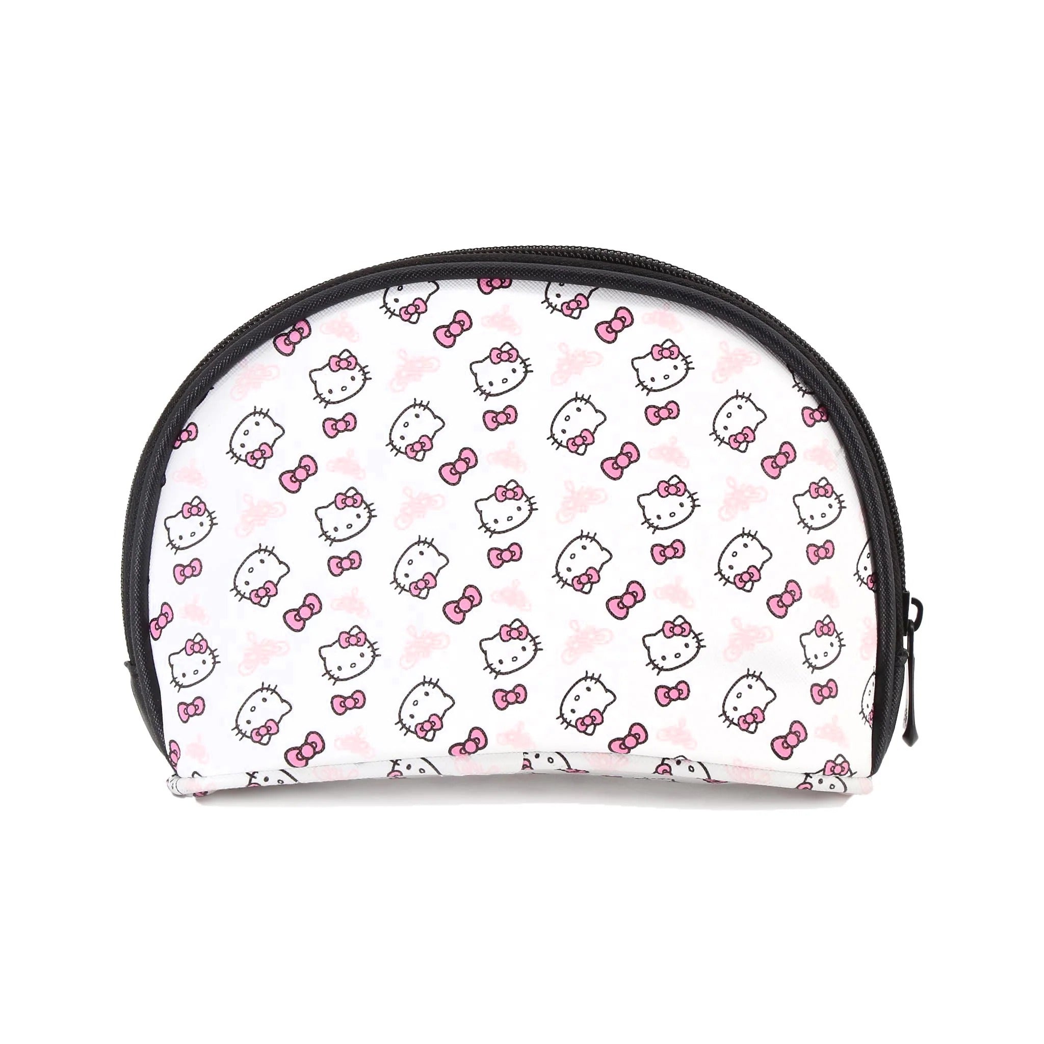Close-up of hello kitty clutch zipper detail and swirl pattern finish