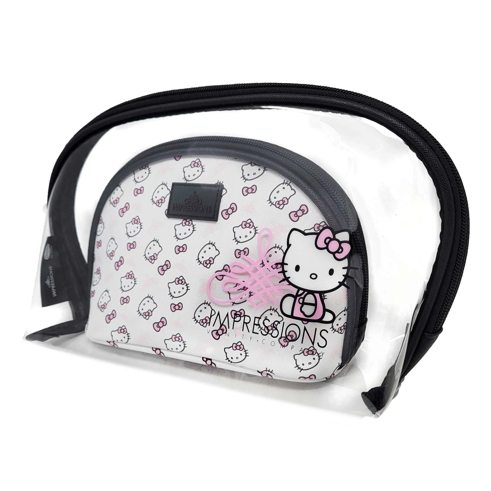 Close-up of hello kitty clutch zipper detail and swirl pattern finish