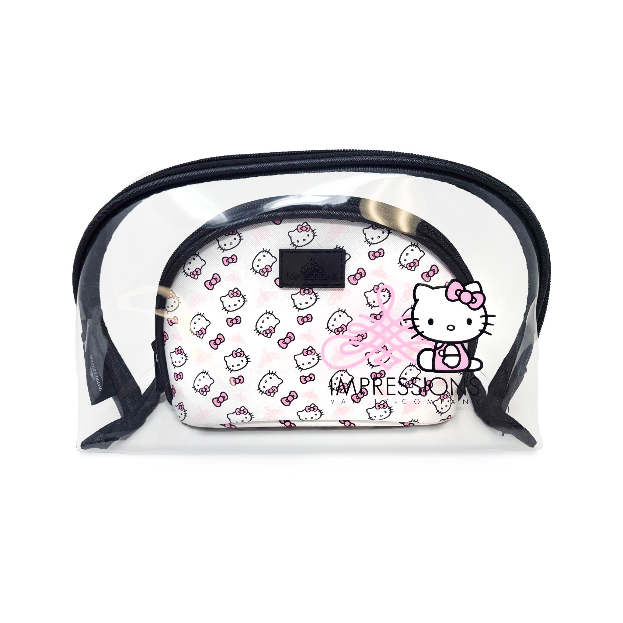 Interior shot of creme hello kitty makeup bag packed for a Michigan road trip