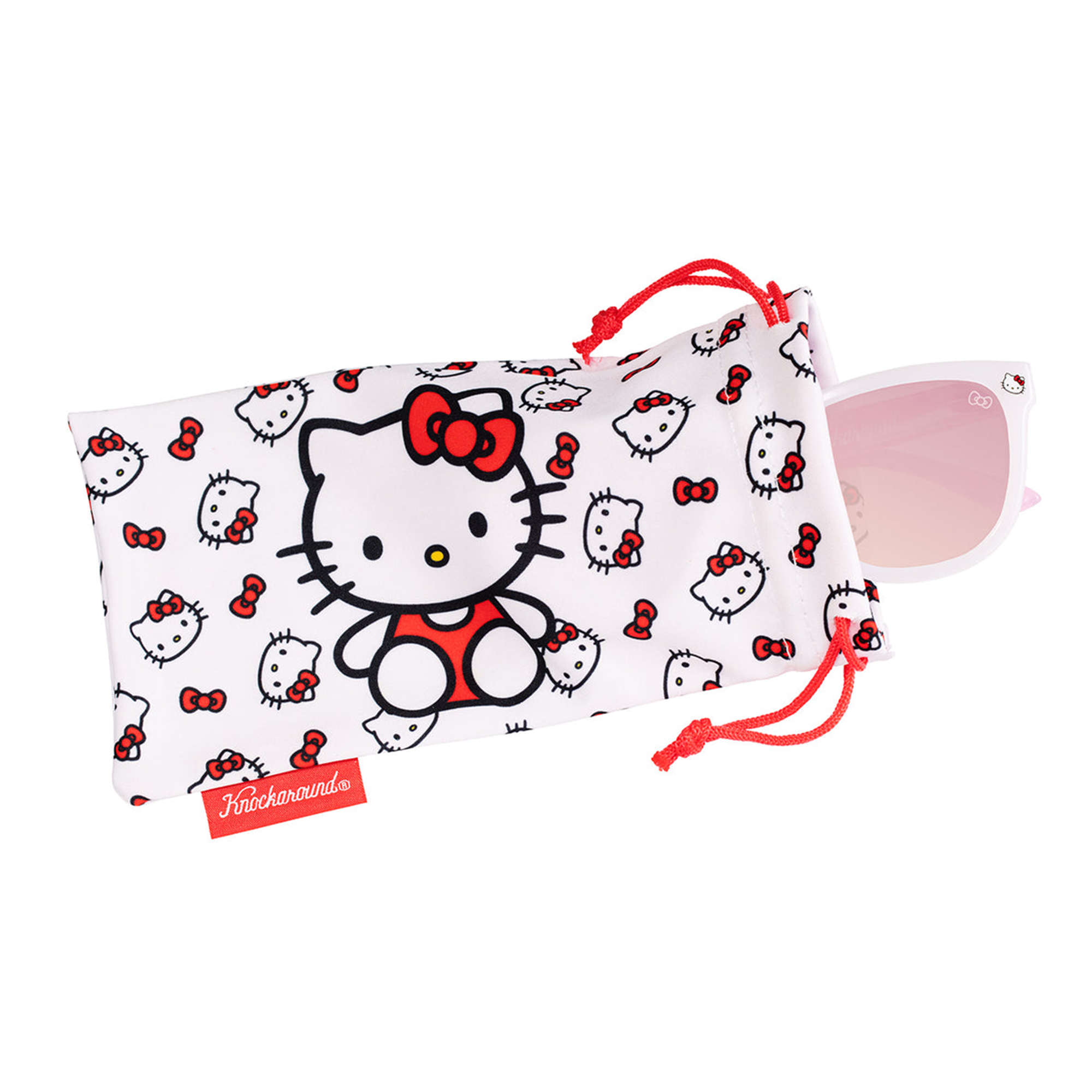 Hello Kitty sunglasses for kids, front view with pink lenses.