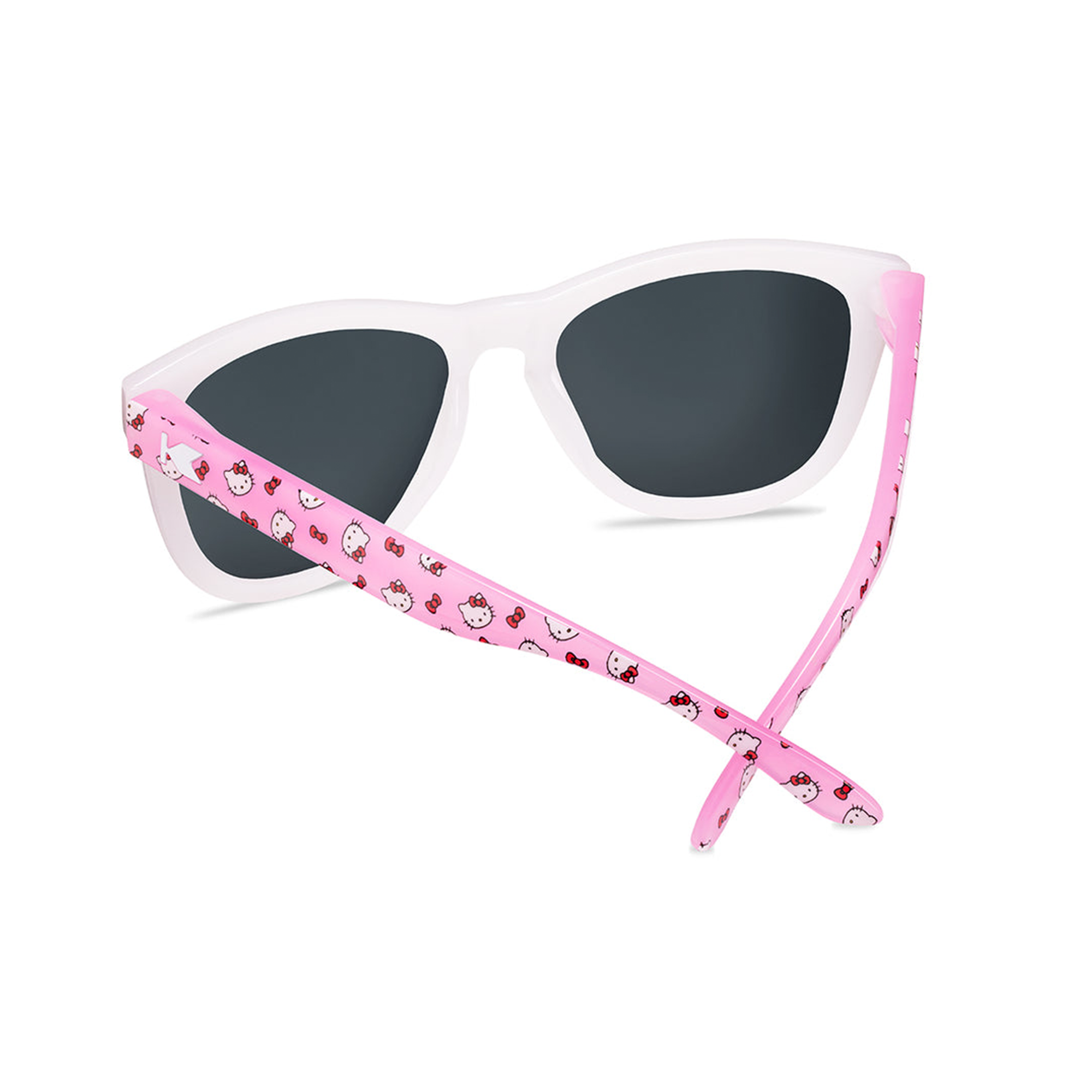 Hello Kitty sunglasses for kids, front view with pink lenses.