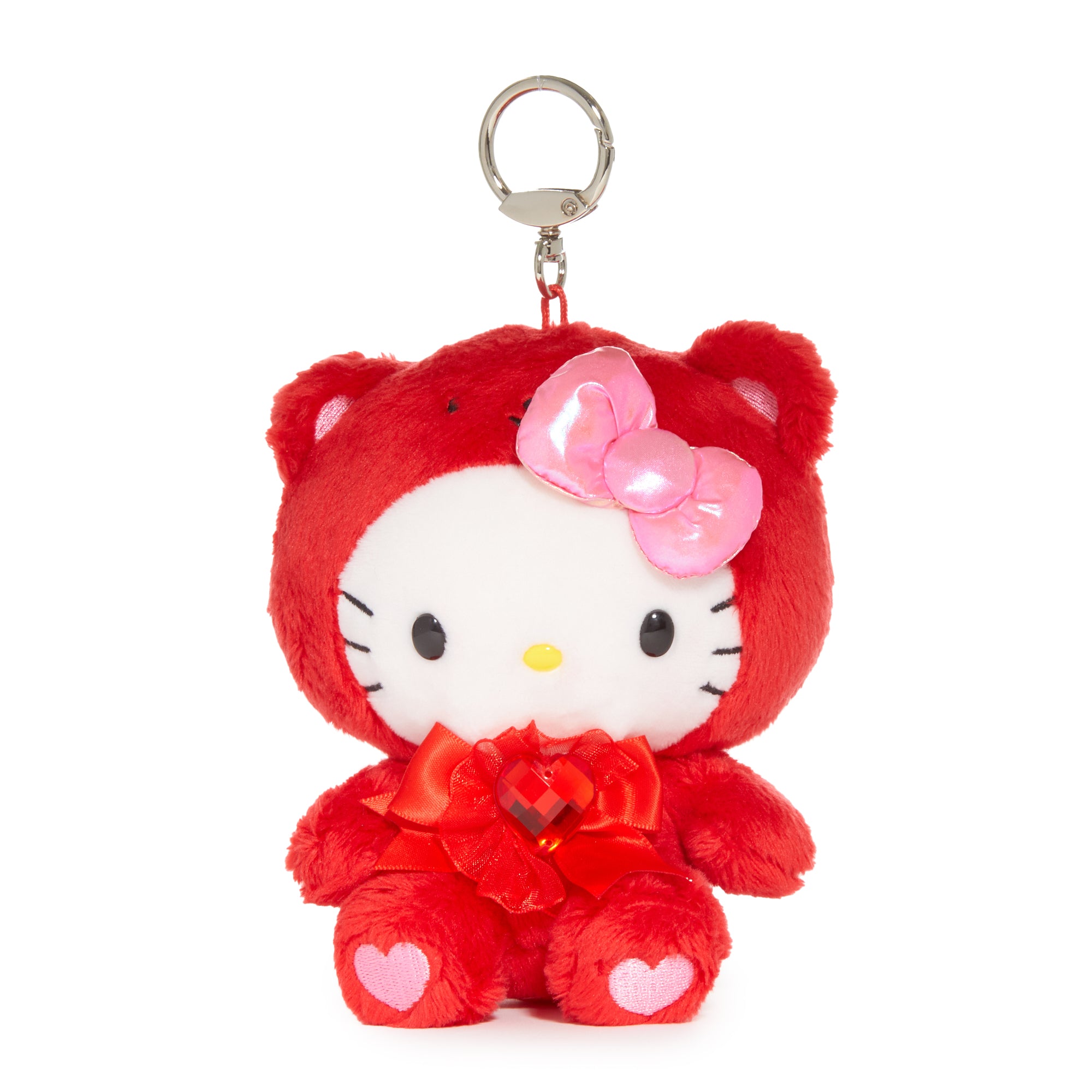 Hello Kitty keychain attached to a bag, showing its carabiner closure