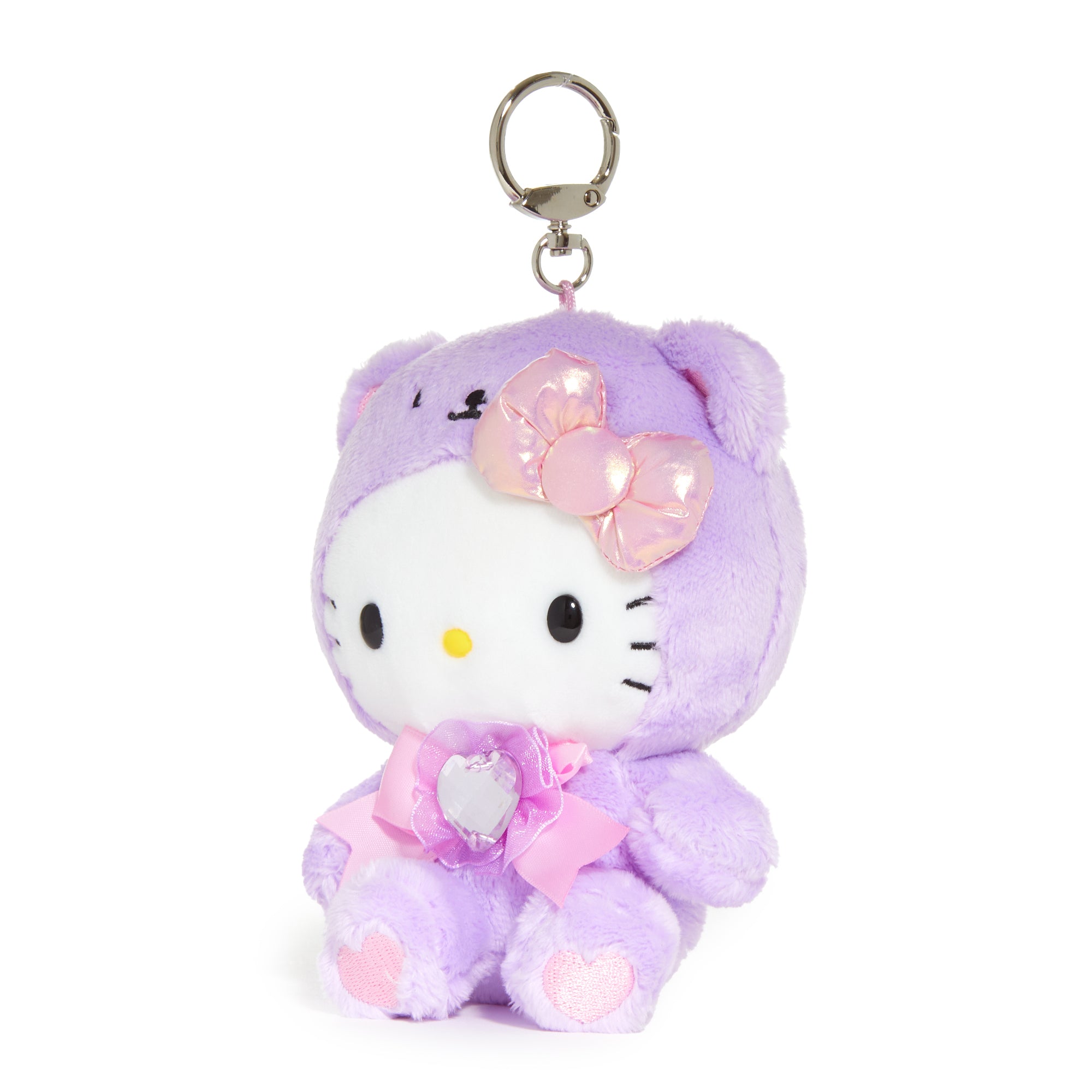 Front view of Hello Kitty plush keychain with a matching bow and crystal embellishments