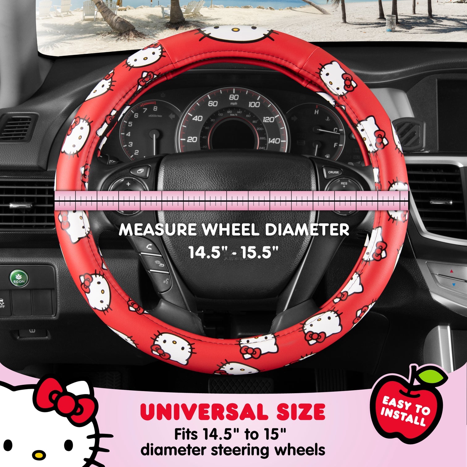 Close-up of the Hello Kitty steering wheel cover showcasing its soft texture.