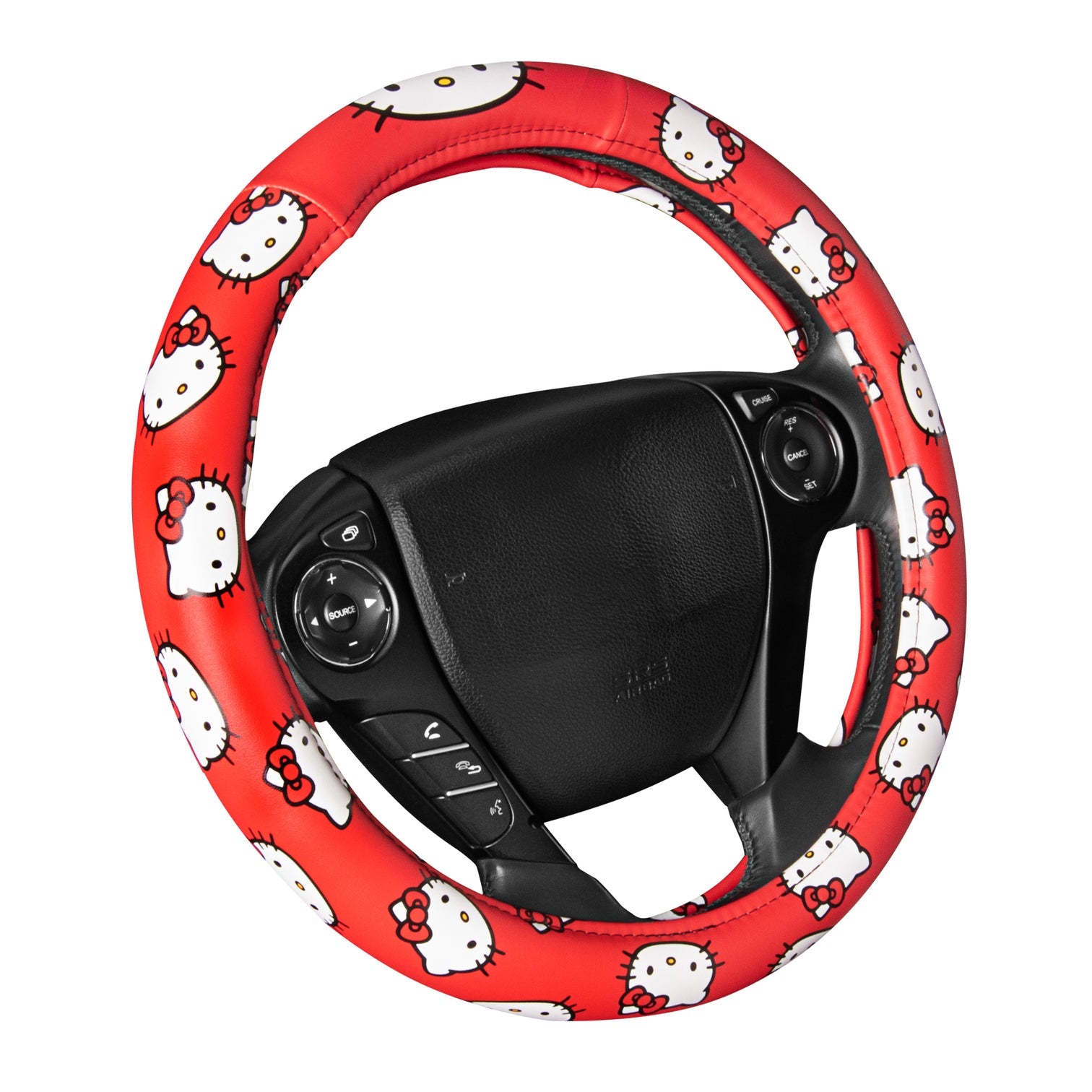 Hello Kitty steering wheel cover installed in a car, adding cute decor.