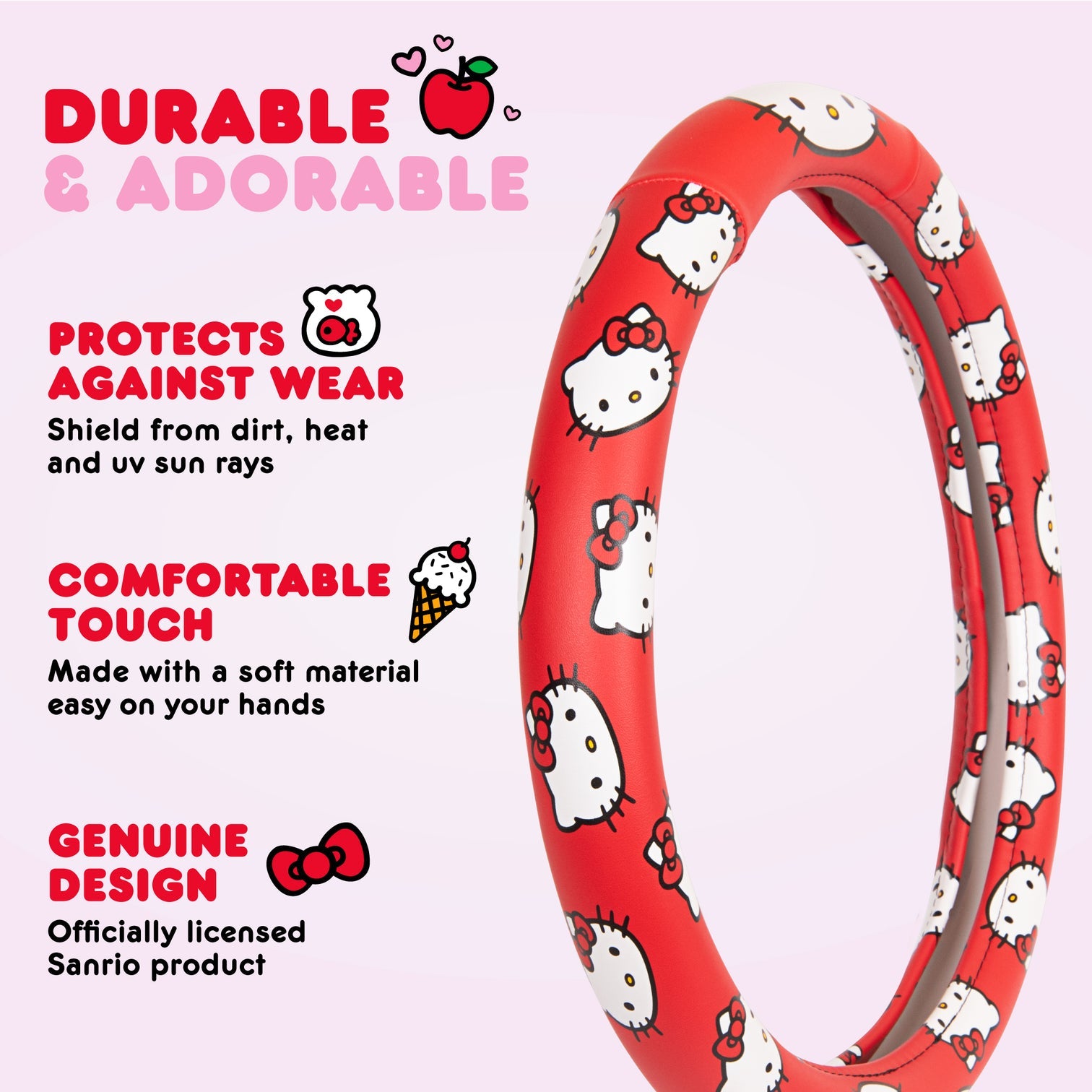 Detailed view of the classic red Hello Kitty steering wheel cover.