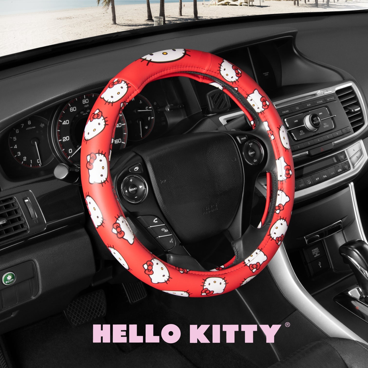Hello Kitty steering wheel cover installed in a car, adding cute decor.
