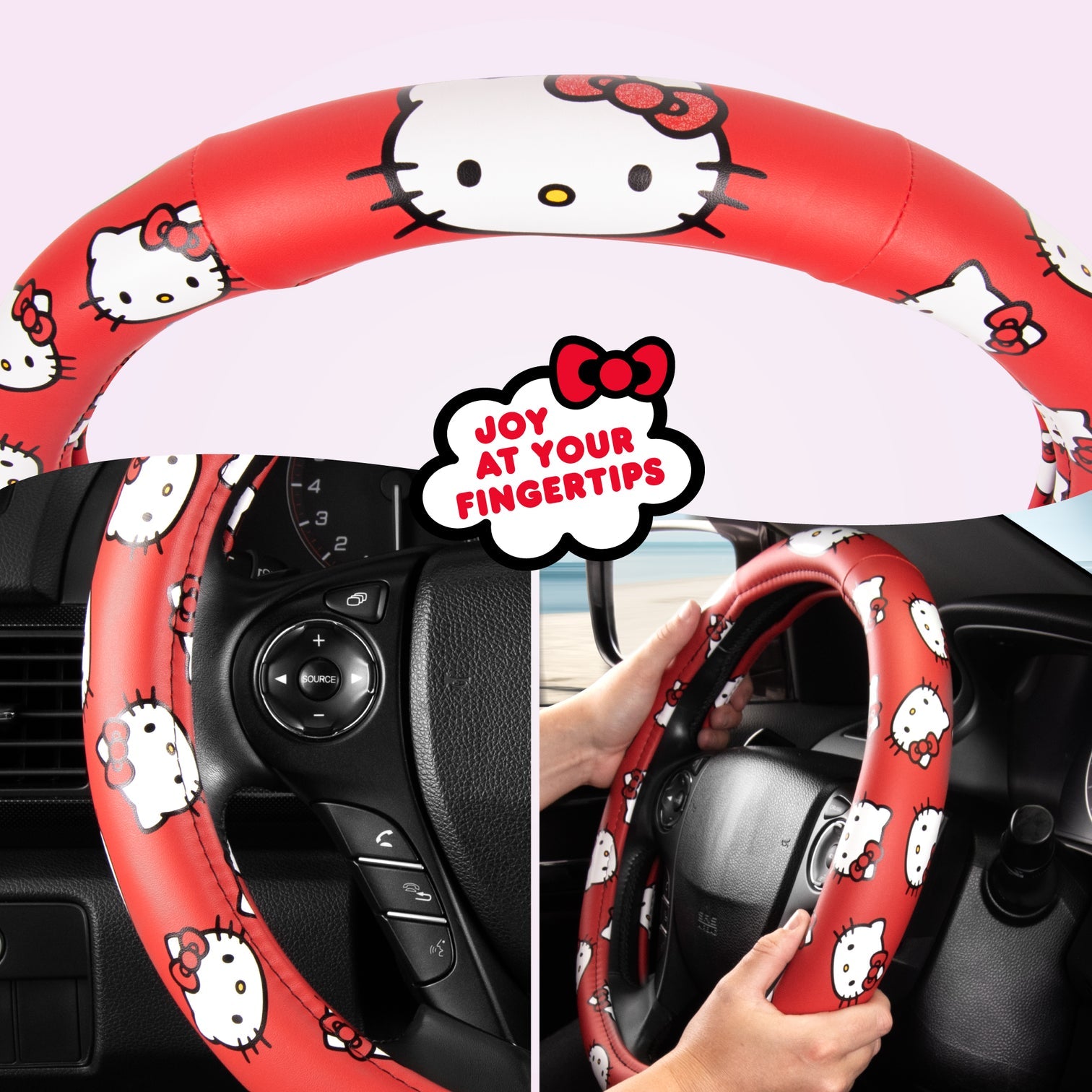 Close-up of the Hello Kitty steering wheel cover showcasing its soft texture.