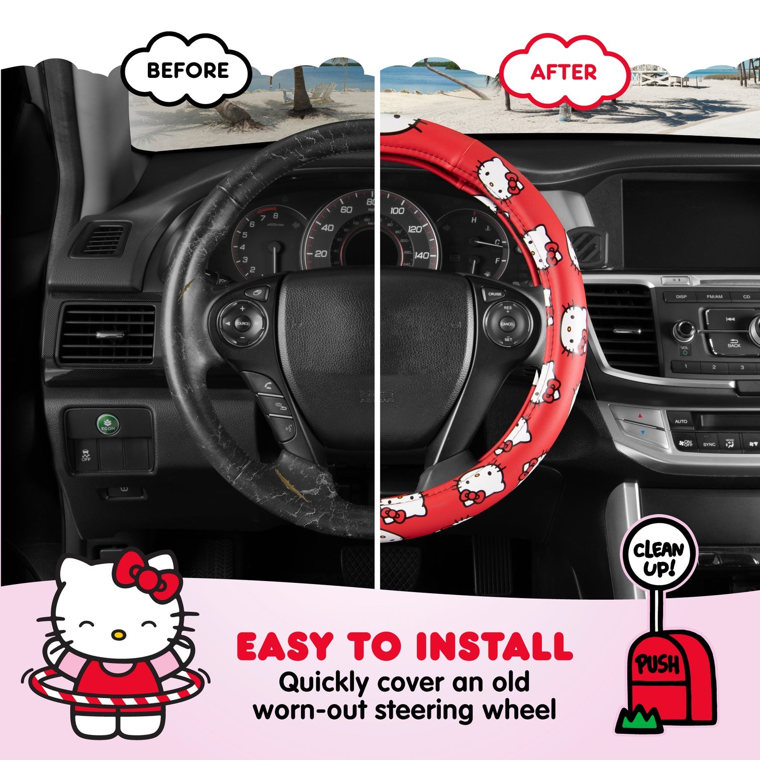 Hello Kitty steering wheel cover installed in a car, adding cute decor.