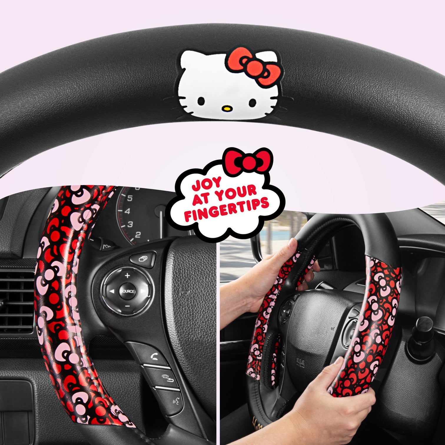 Hello Kitty steering wheel cover installed on a car wheel