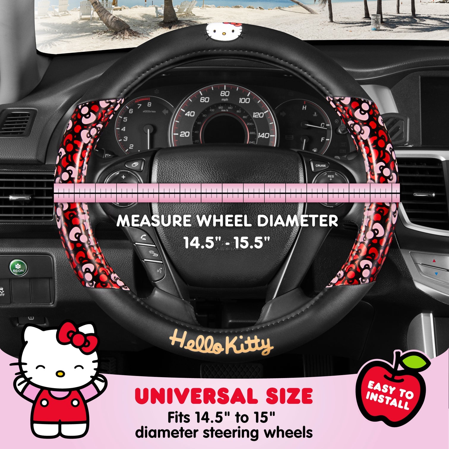 Close-up of red bow detail on Hello Kitty steering wheel cover