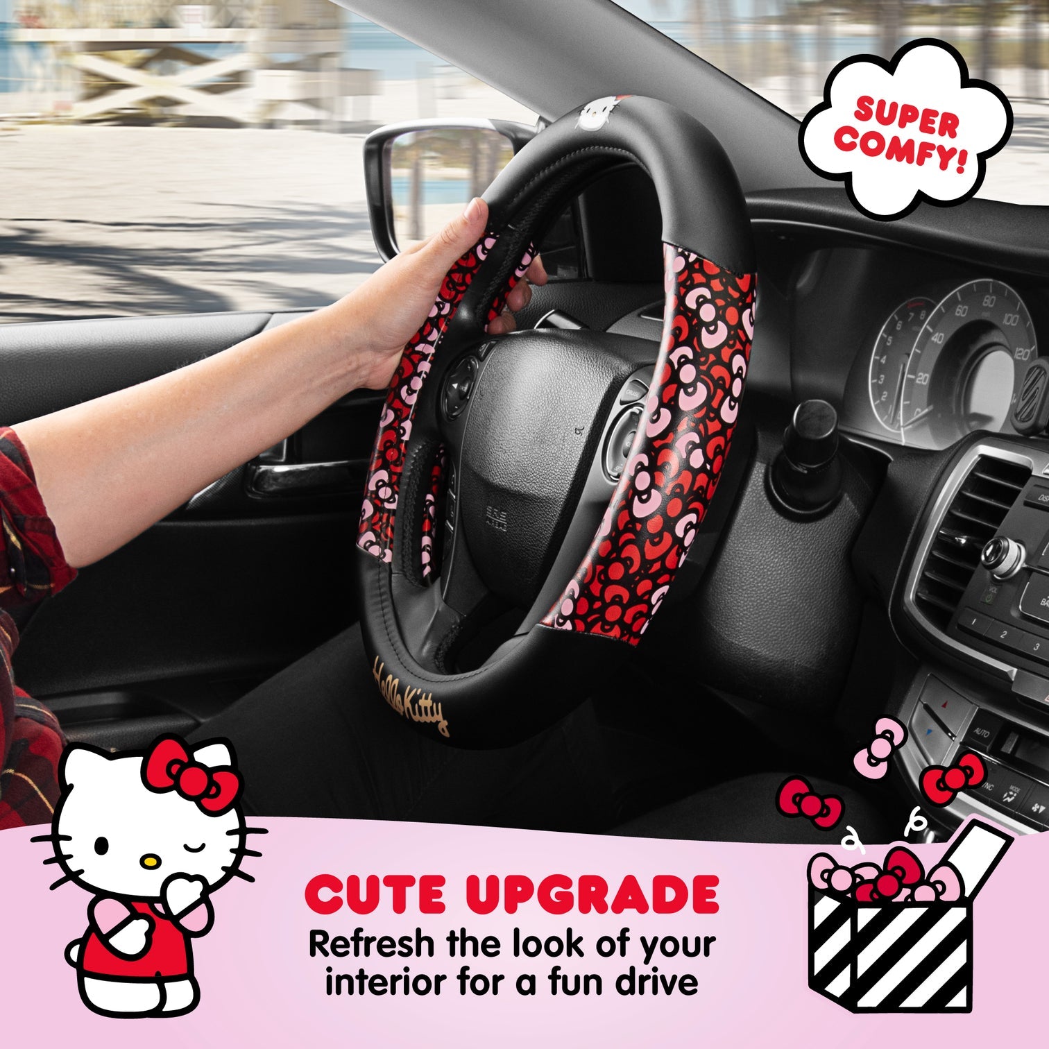 Hello Kitty steering wheel cover installed on a car wheel