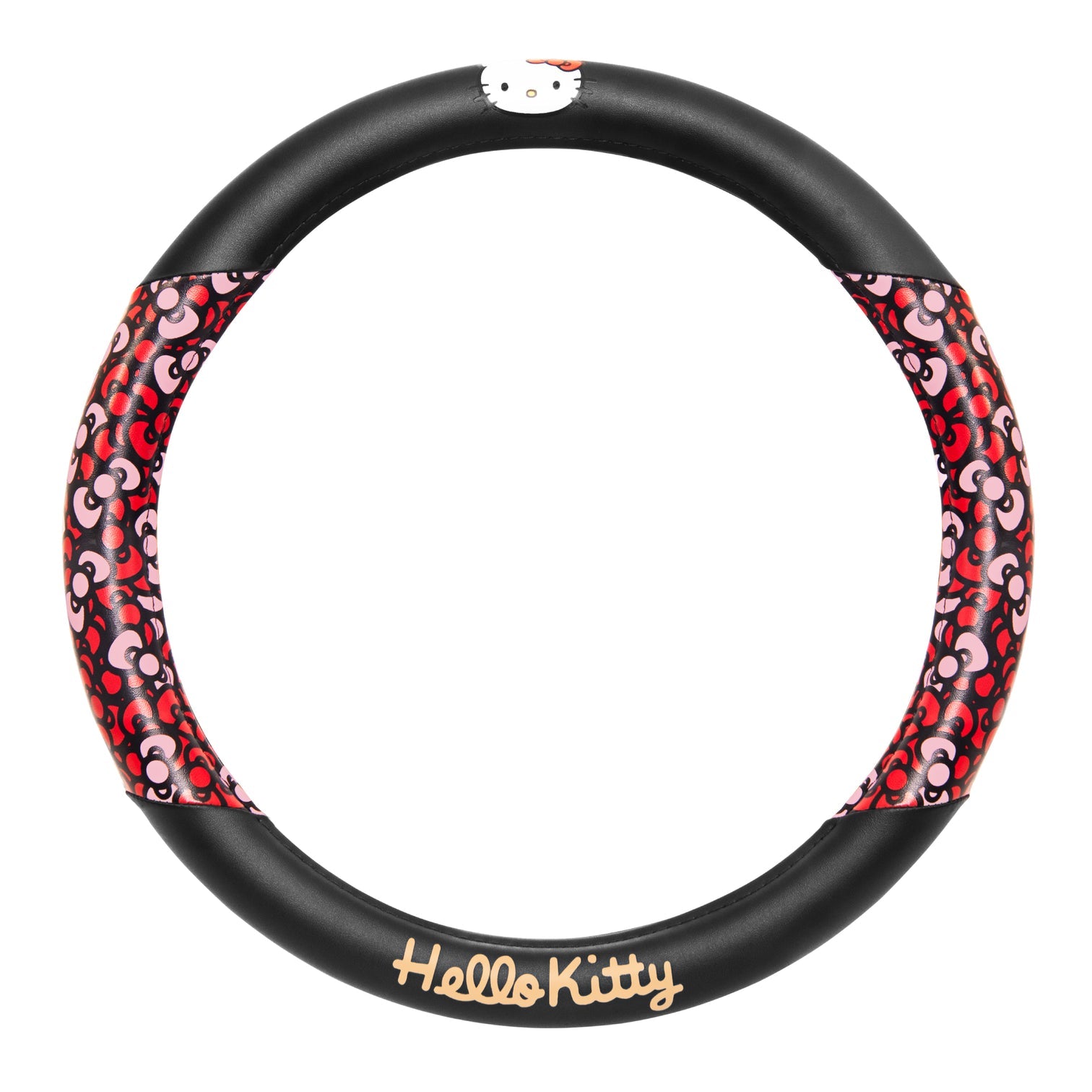 Hello Kitty steering wheel cover installed on a car wheel
