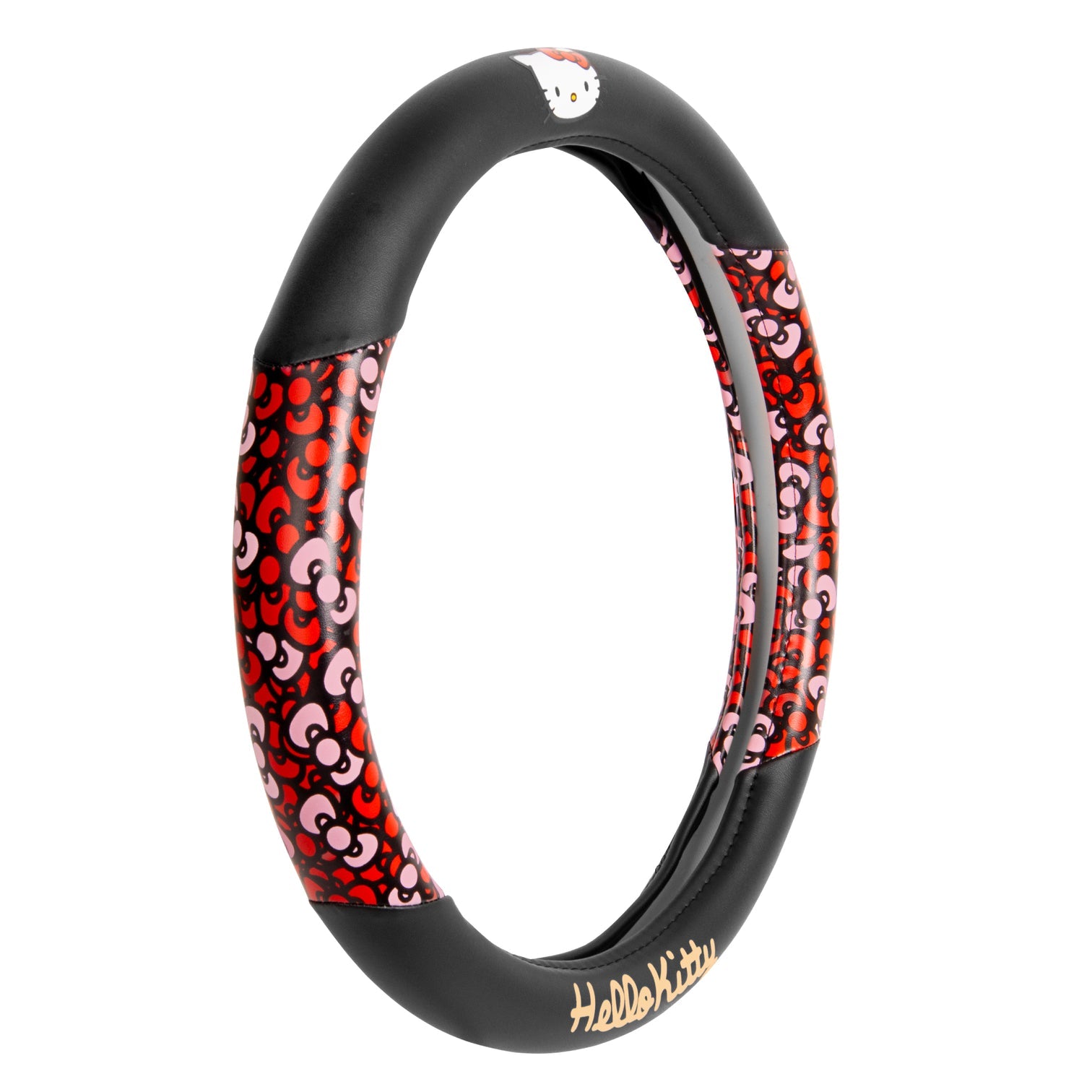 Close-up of red bow detail on Hello Kitty steering wheel cover