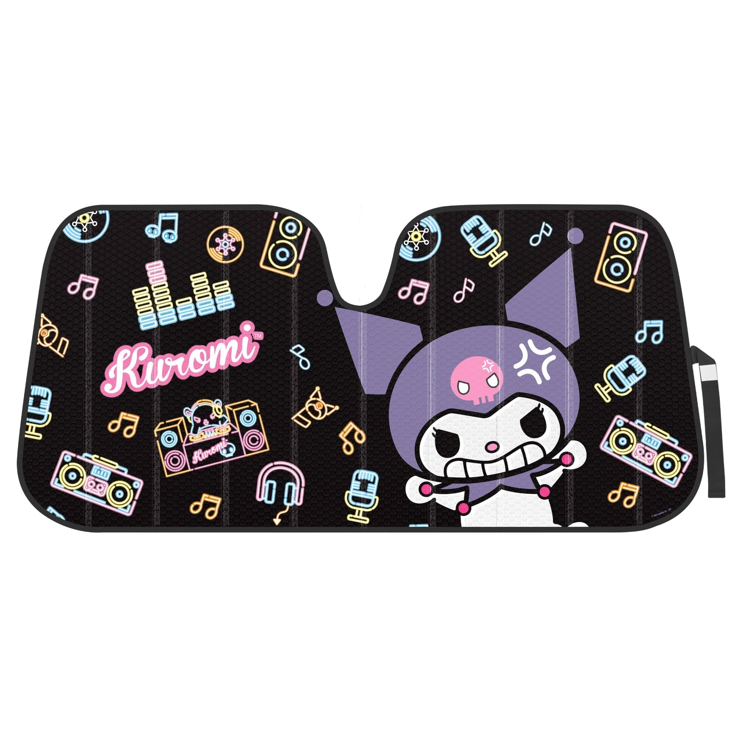 Kuromi car sun shade unfolded on a windshield, showing full graphic.