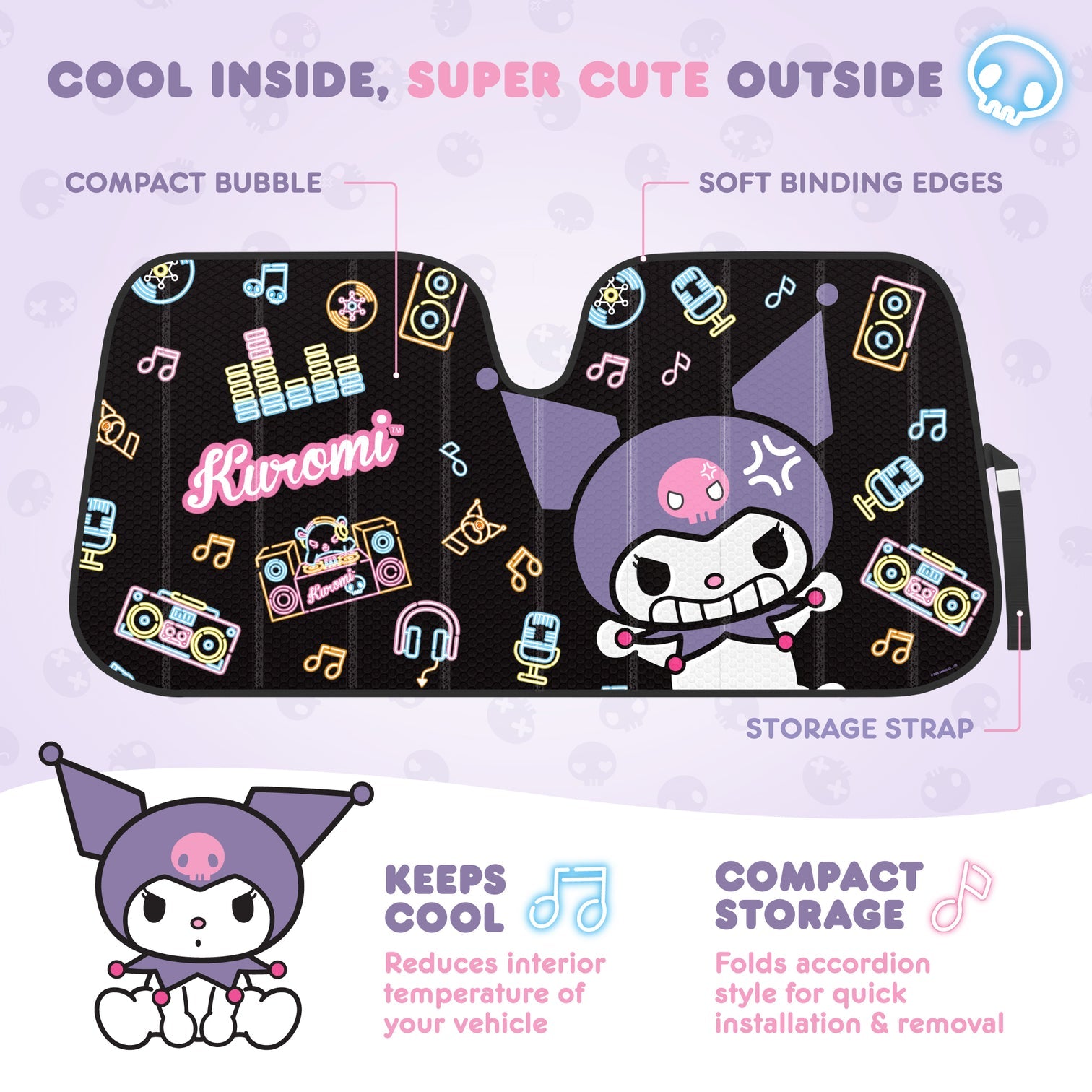 Kuromi car sun shade unfolded on a windshield, showing full graphic.