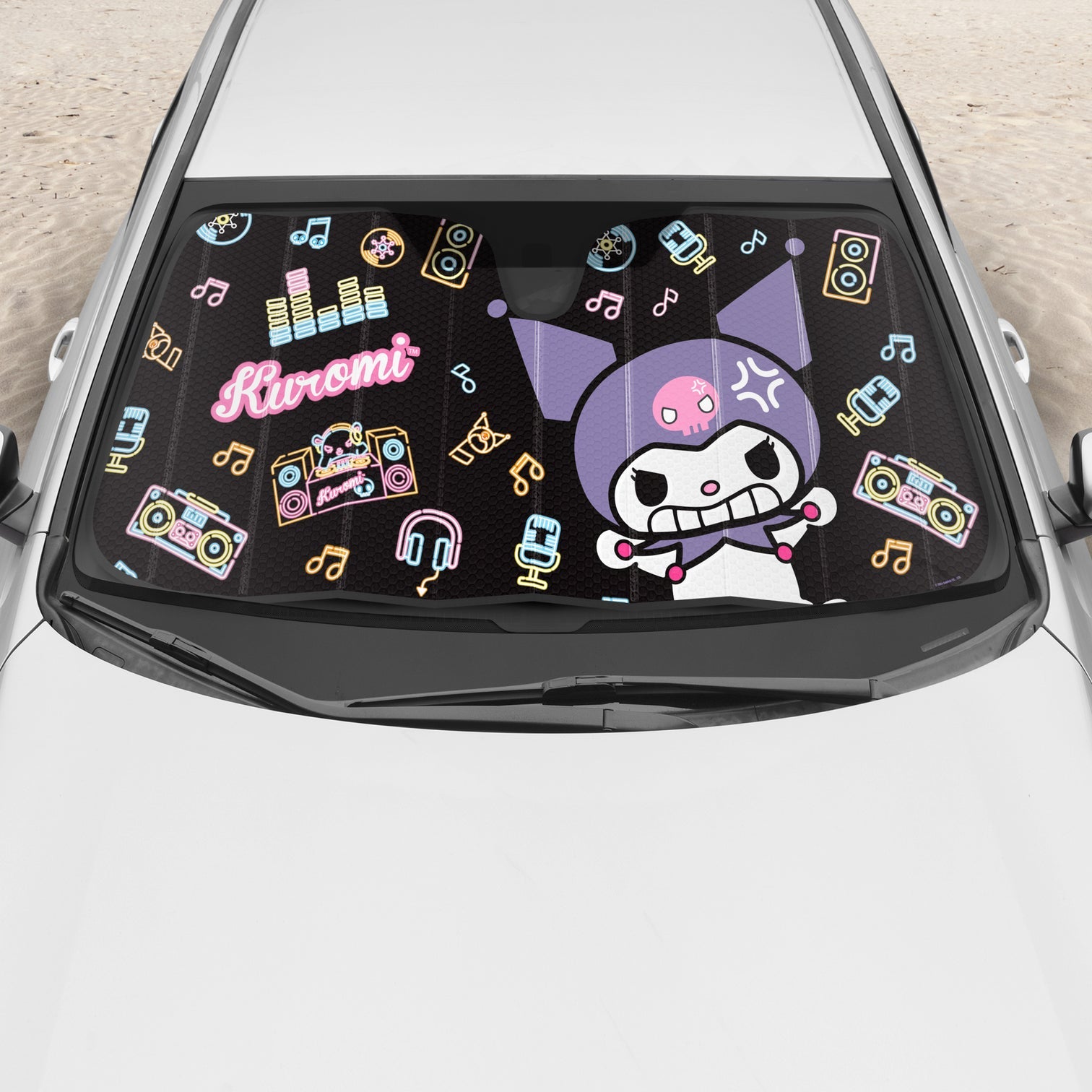 Kuromi car sun shade unfolded on a windshield, showing full graphic.