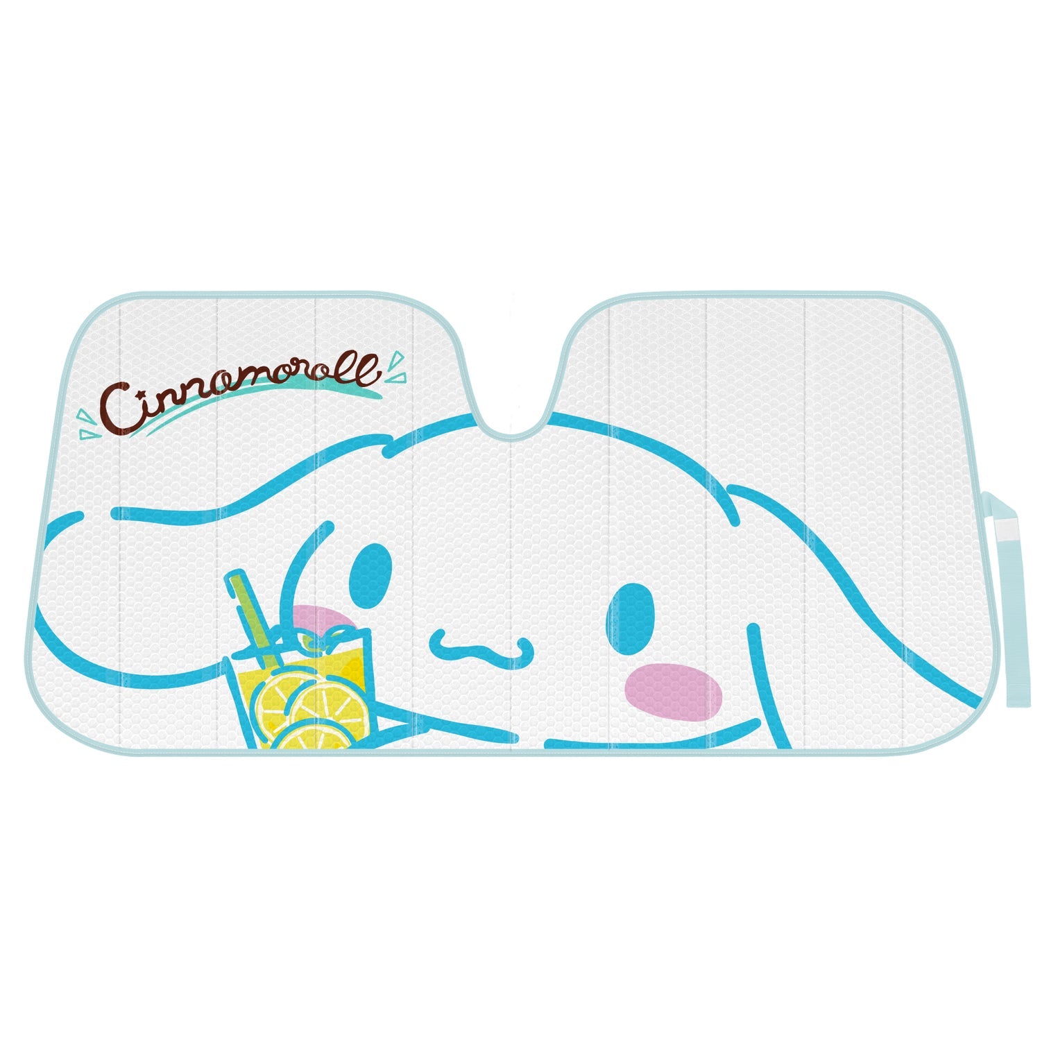 Front view of the sun shade fully opened across a windshield, showcasing the Lemon Chill theme.