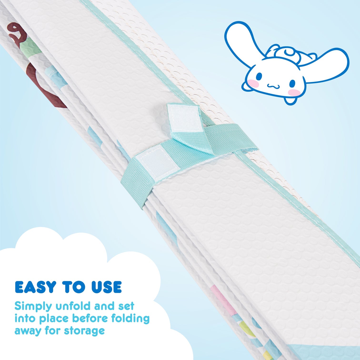 Close-up of printed Cinnamoroll accessories on sunshade, bright graphic style for playful vibes.