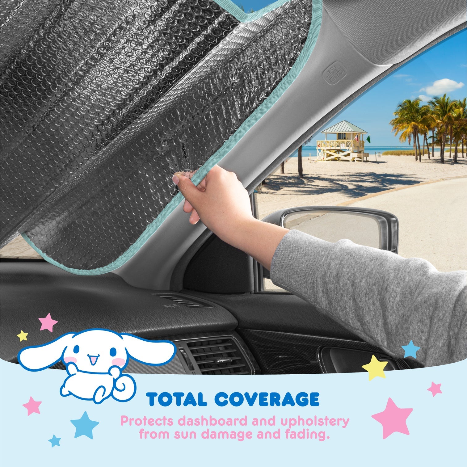 Detail of sun shade’s accordion folds and soft binding edges for compact storage and easy use.