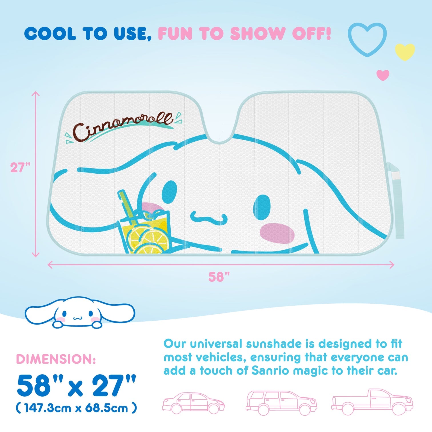 Front view of the sun shade fully opened across a windshield, showcasing the Lemon Chill theme.