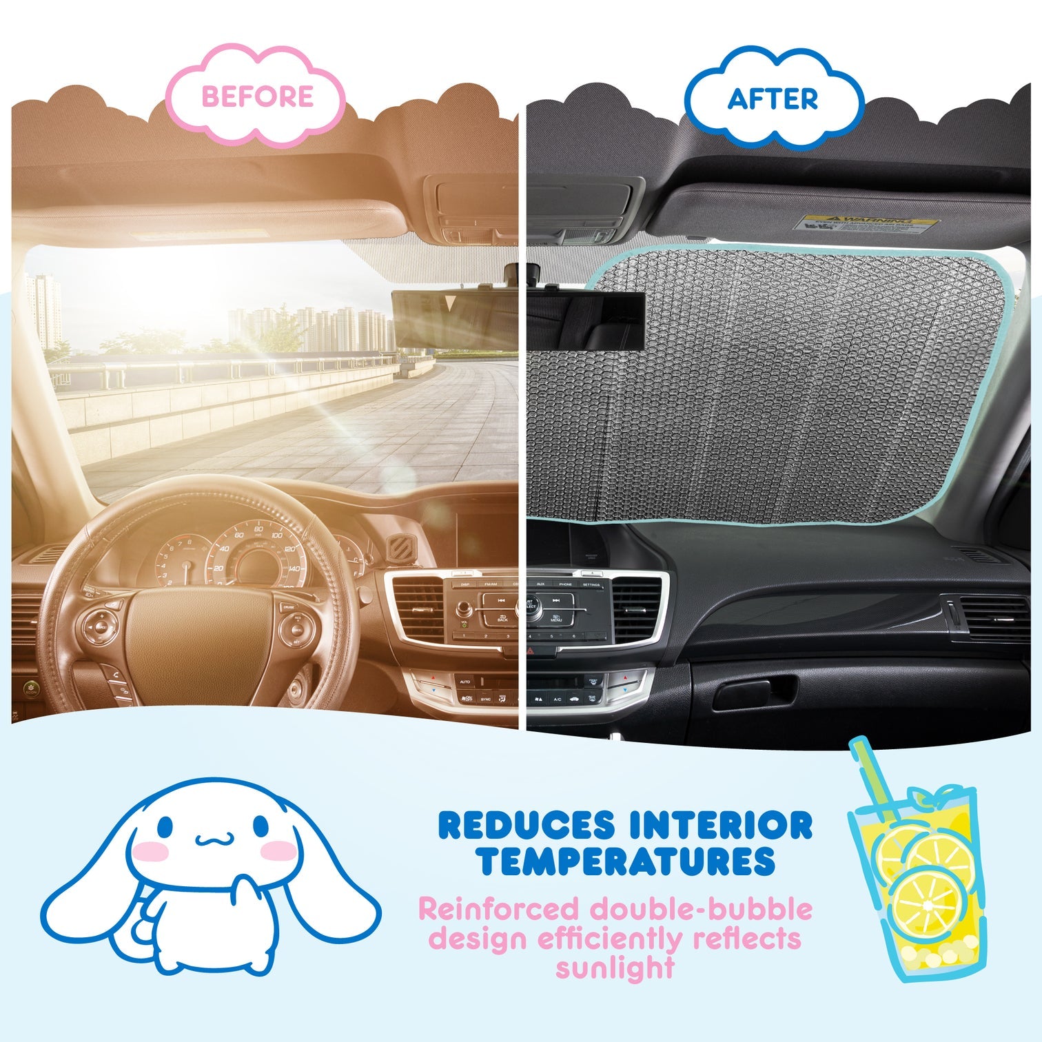 Close-up of printed Cinnamoroll accessories on sunshade, bright graphic style for playful vibes.